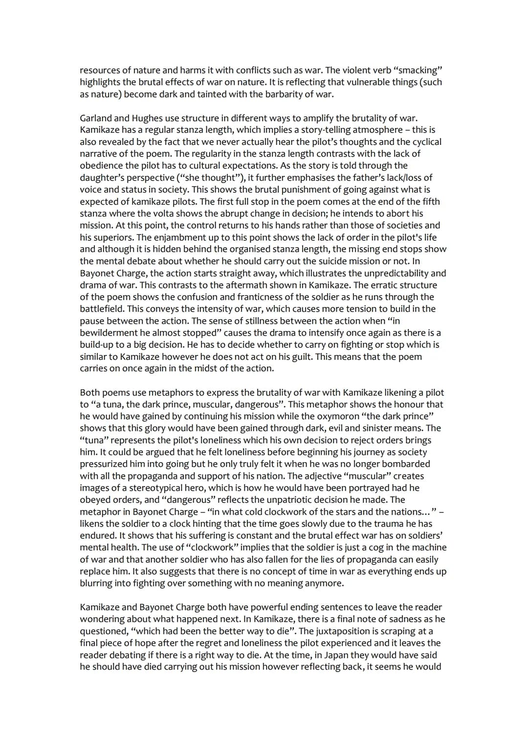 How do the poets present the brutality of war in ‘Kamikaze' and 'Bayonet
Charge'?
In Kamikaze, Garland presents the brutality of war through