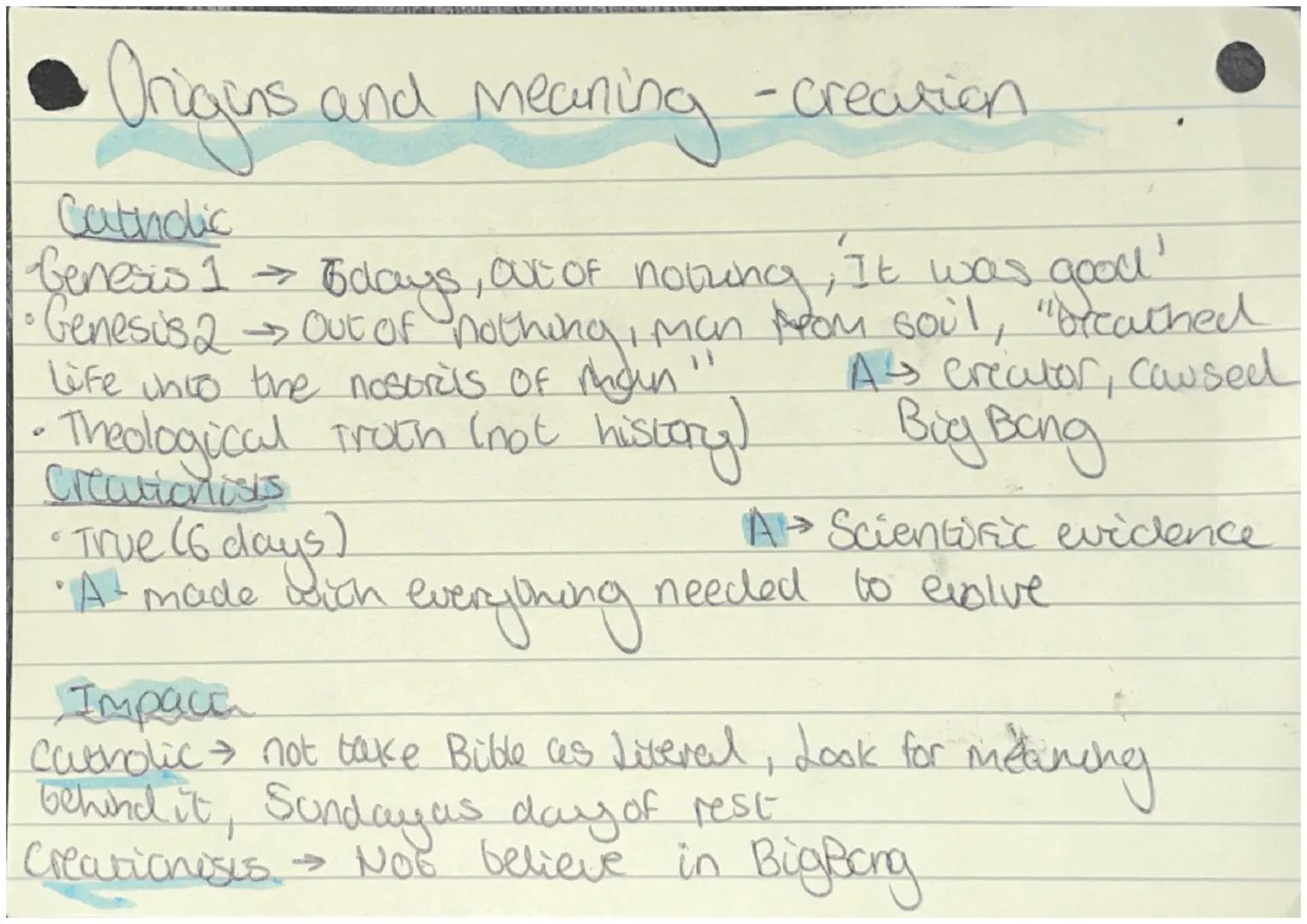 - Origins and meaning

Meaninchen

- creatich Nihilo creatden
out
Nothing, only Godcun e.g. universe I
evolyyian change in a species overame