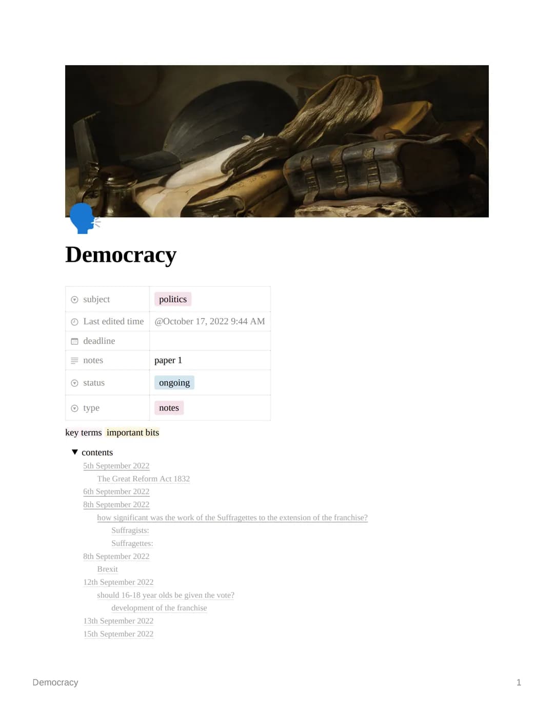 Democracy
Ⓒ subject
Last edited time
deadline
Enotes
status
© type
Democracy
contents
5th September 2022
politics
@October 17, 2022 9:44 AM
