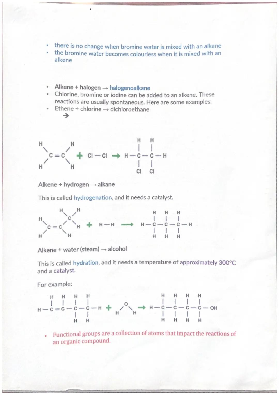 Alkenes and Alkanes
Alkene molecules are unsaturated because they contain two fewer
hydrogen atoms than the alkane with the same number of c