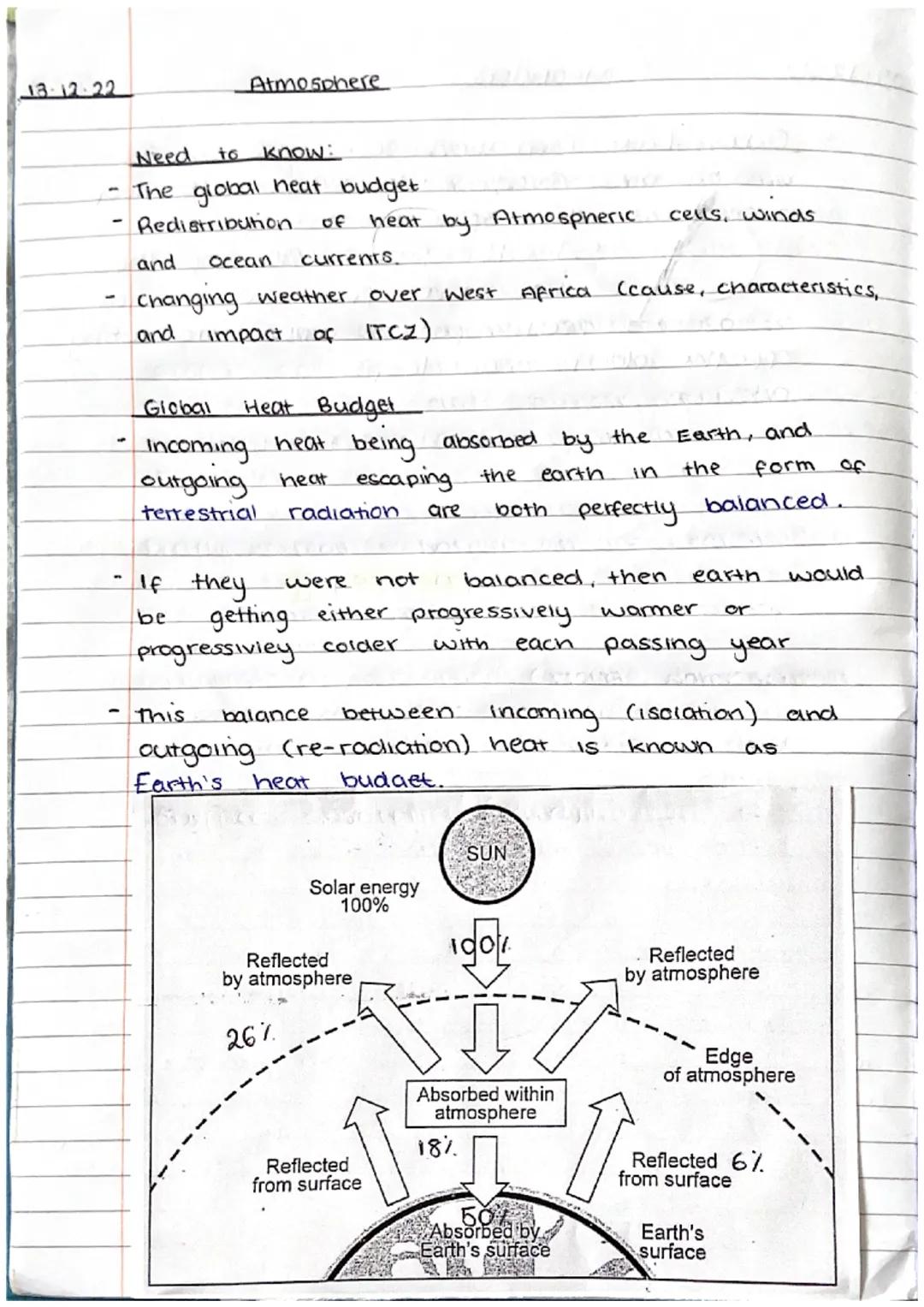 18-12-22
-
Atmosphere
Need to know:
The global heat budget.
Redistribution.
and. Ocean currents.
changing weather over West Africa (cause, c