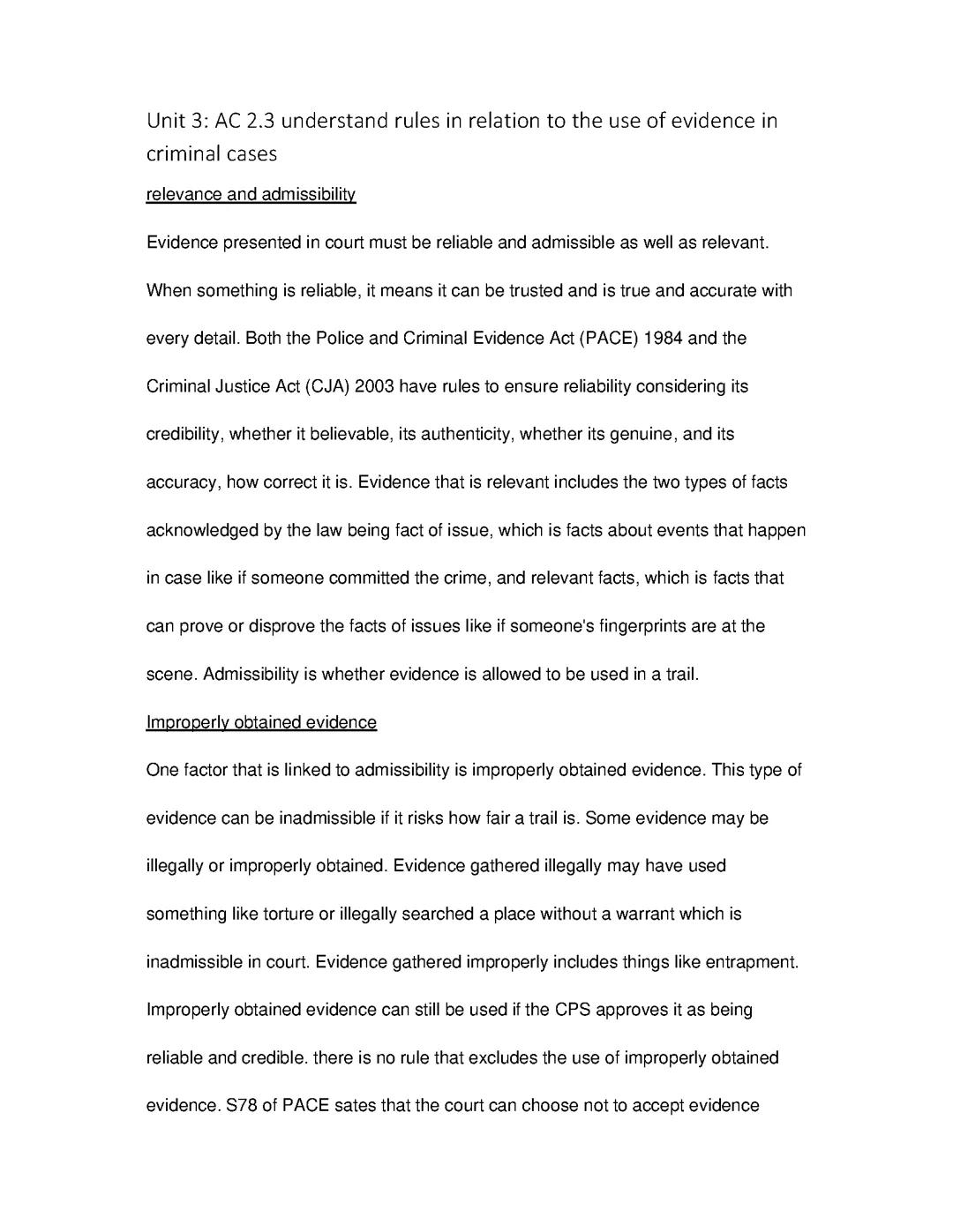 AC 2.3 understand rules in relation to the use of evidence in criminal cases 