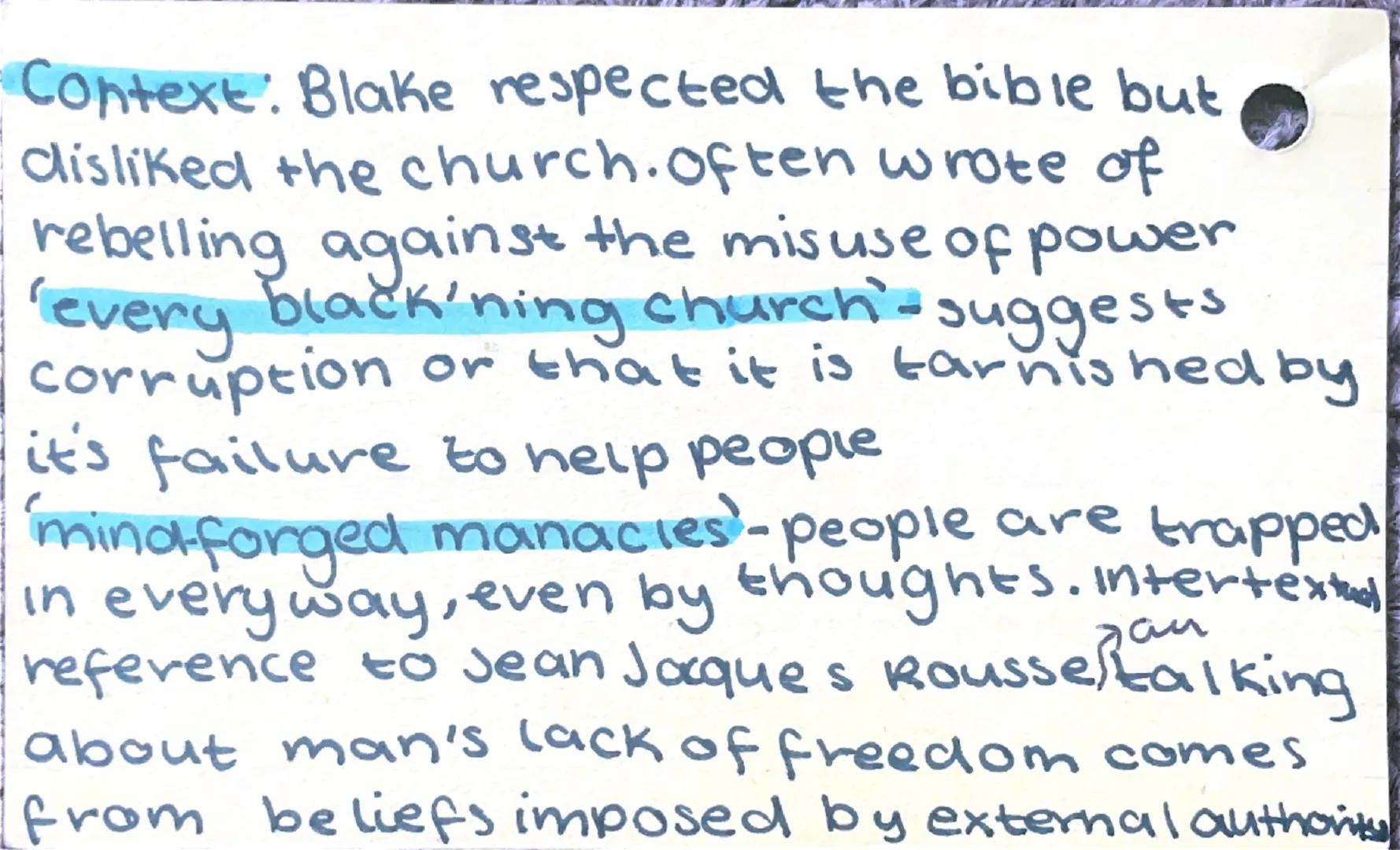 LONDON
Compare with:
-Ozymandias
- my last duchess
theme:
abuse of power Context. Blake respected the bible but
disliked the church. often w