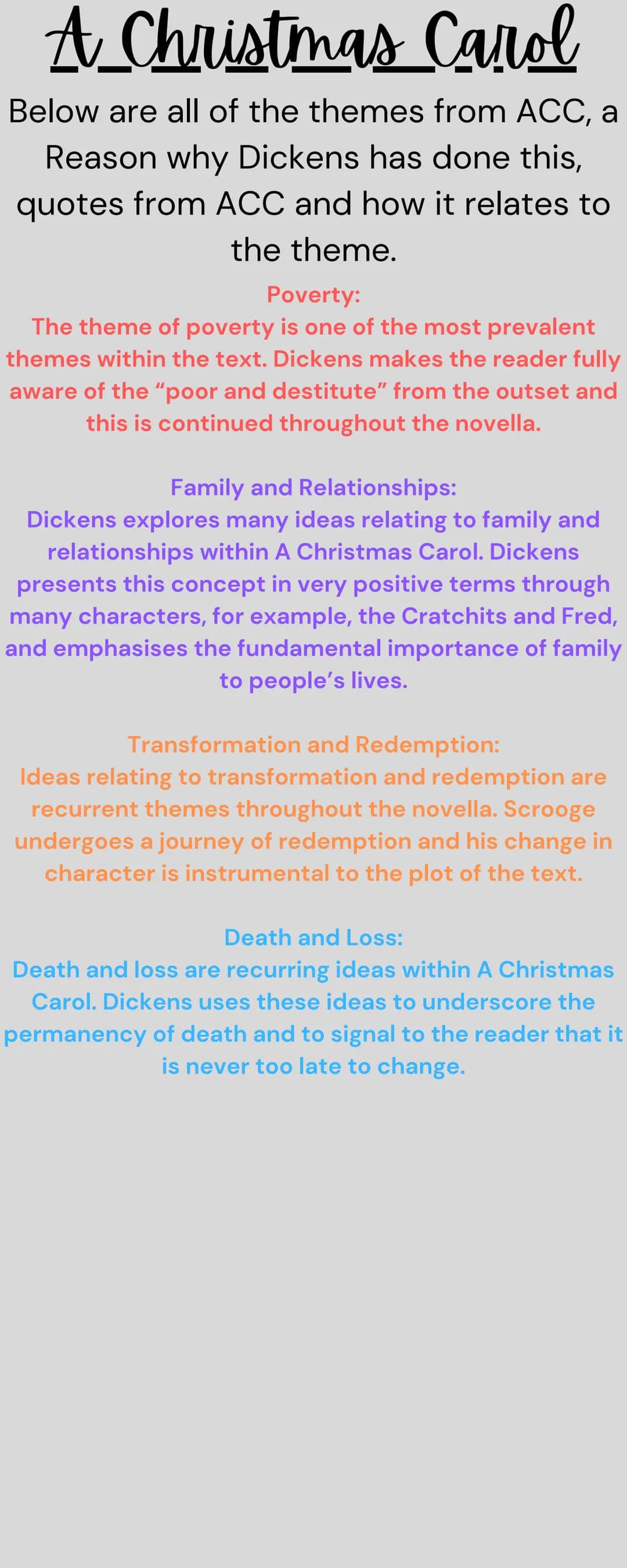 A Christmas Carol
Below are all of the themes from ACC, a
Reason why Dickens has done this,
quotes from ACC and how it relates to
the theme.