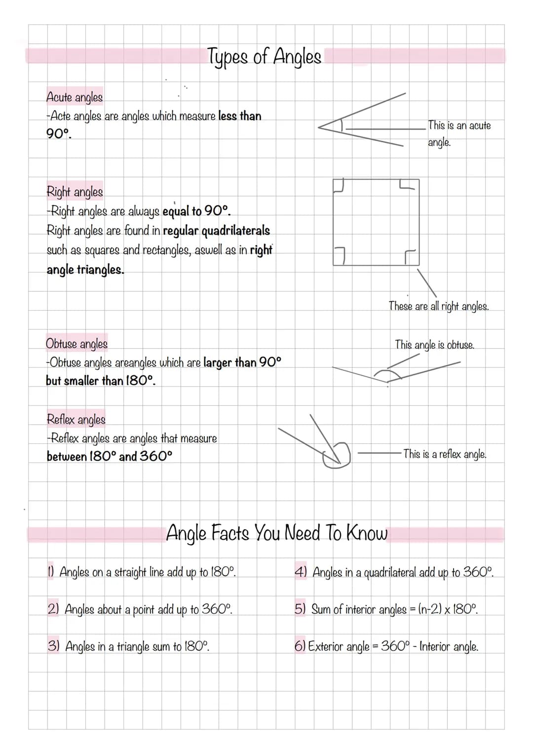 Types of Angles
Acute angles
-Acte angles are angles which measure less than
90°.
Right angles
-Right angles are always equal to 90°.
Right 