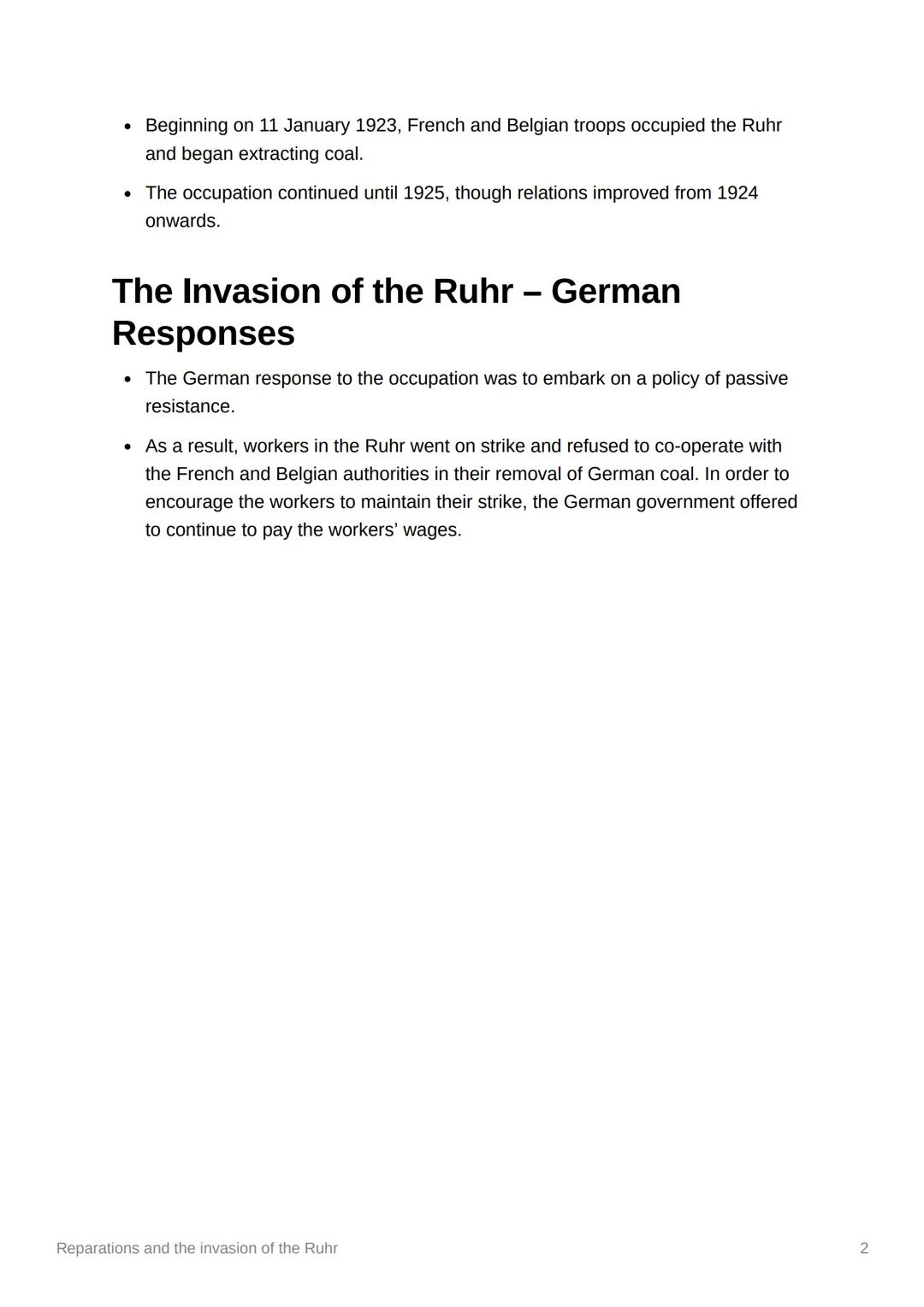 Reparations and the invasion of
the Ruhr
Reparations
• The Treaty of Versailles set out the principle of Germany being responsible for
payin