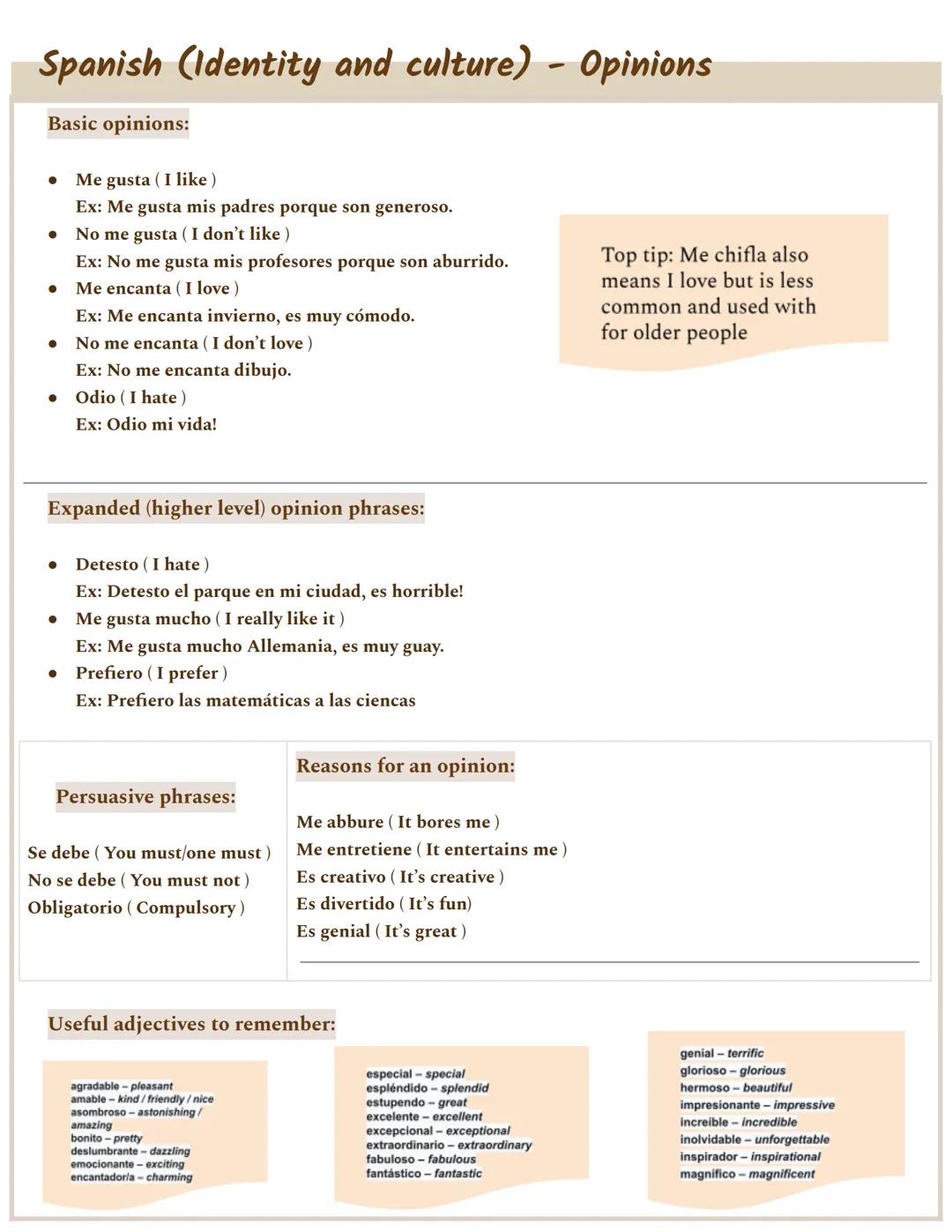 Spanish (Identity and culture) - Opinions
Basic opinions:
Me gusta (I like)
Ex: Me gusta mis padres porque son generoso.
• No me gusta (I do