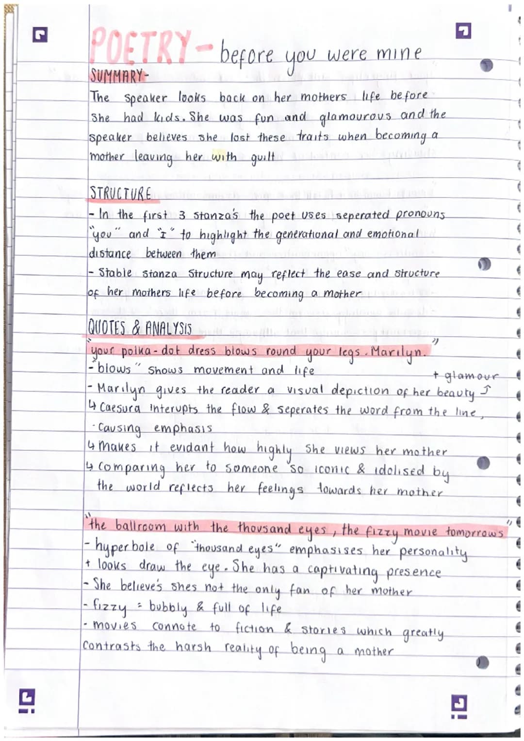 POETRY - before you
SUMMARY
were mine
The speaker looks back on her mothers life before
She had kids. She was fun and glamourous and the
spe