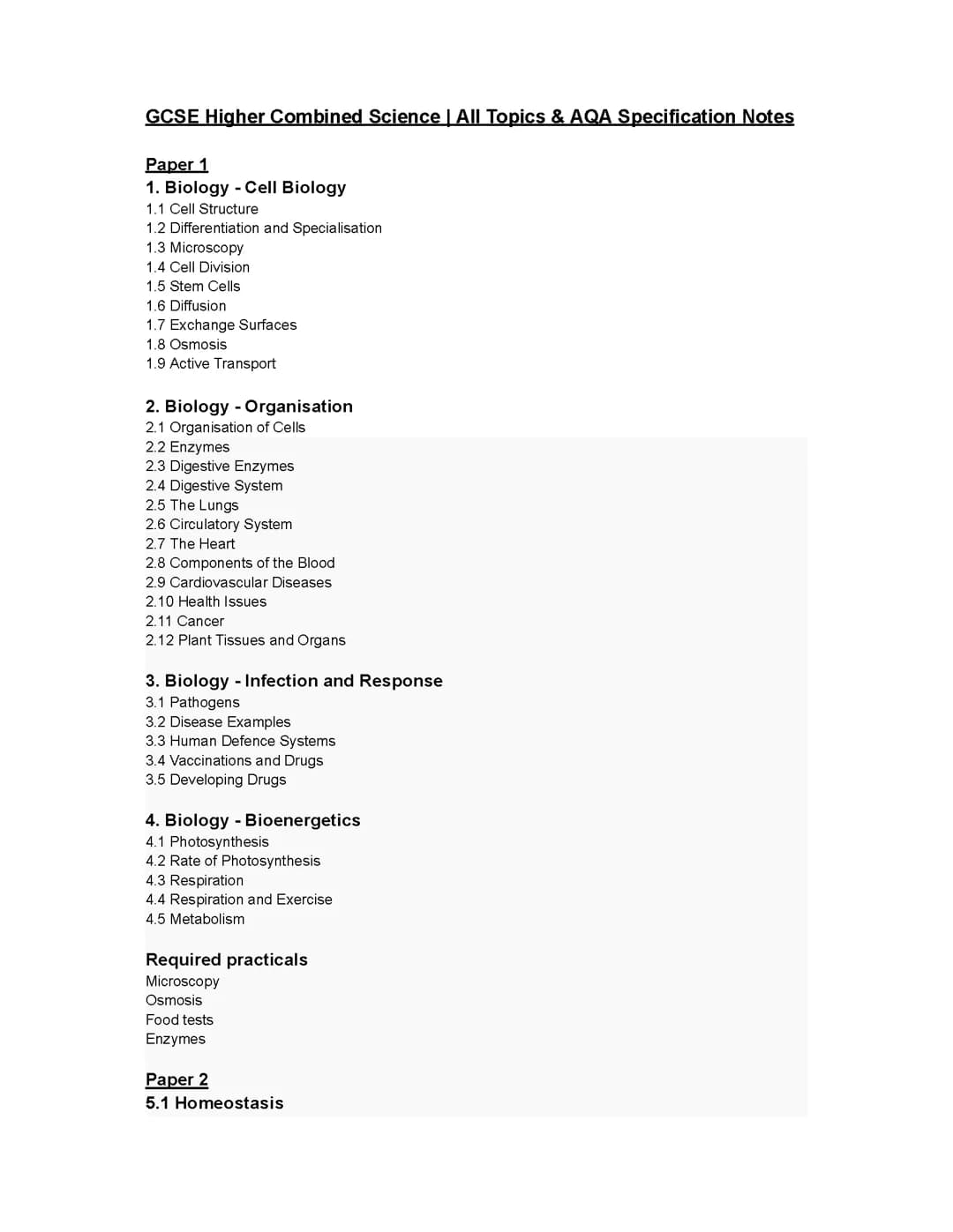 GCSE Combined Science Higher Triology All Key Topics to Cover Including AQA Specification