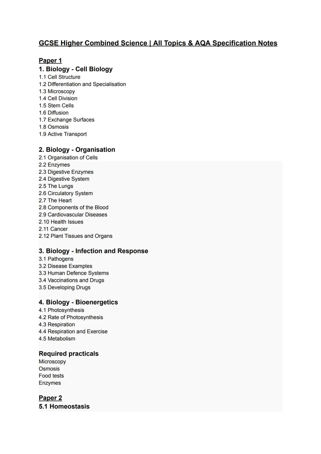 GCSE Higher Combined Science | All Topics & AQA Specification Notes
Paper 1
1. Biology Cell Biology
-
1.1 Cell Structure
1.2 Differentiation