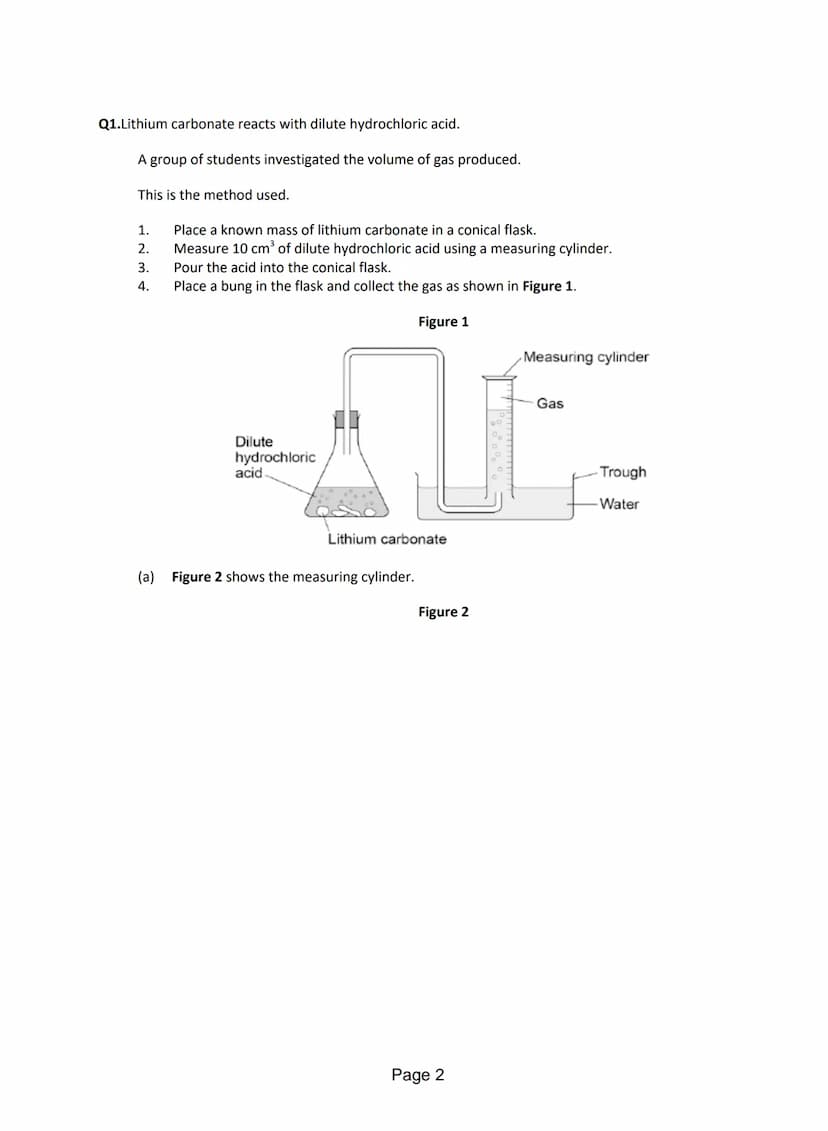Q1.Lithium carbonate reacts with dilute hydrochloric acid.
A group of students investigated the volume of gas produced.
This is the method u