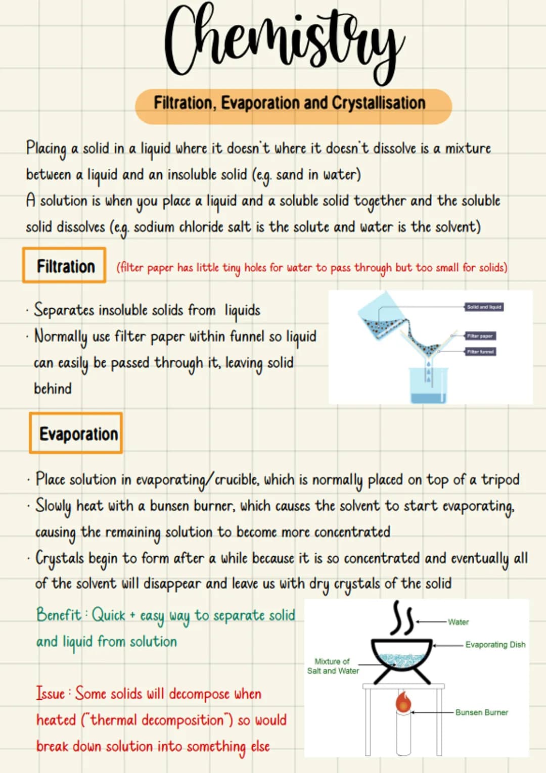 Crystallisation
Place solution into evaporating disband heat BUT heat more gently than in
evaporation
So
may
use a water boat instead of bun