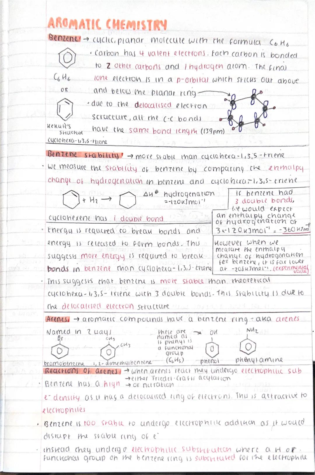 .
AROMATIC CHEMISTRY
Benzene! → cyclic, planar molecule with the formula CoHo.
Carbon has 4 valent electrons. Each carbon is bonded.
to 2 ot