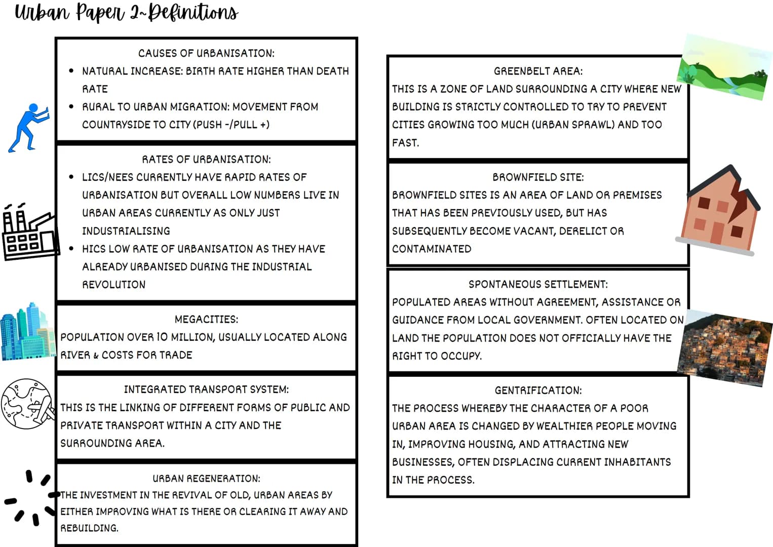 Urban Paper 2-Definitions
ÁÁ.
CAUSES OF URBANISATION:
• NATURAL INCREASE: BIRTH RATE HIGHER THAN DEATH
RATE
• RURAL TO URBAN MIGRATION: MOVE