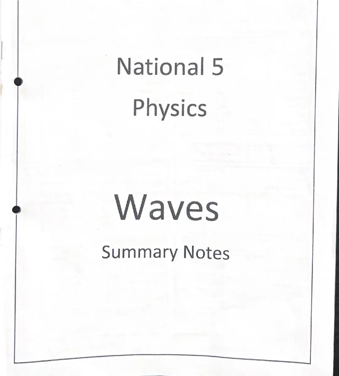 National 5
Physics
Waves
Summary Notes I can:
Wave Parameters & Behaviours
state that energy can be transferred as waves.
state the differen
