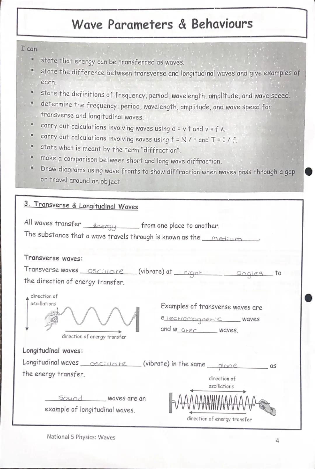 National 5
Physics
Waves
Summary Notes I can:
Wave Parameters & Behaviours
state that energy can be transferred as waves.
state the differen