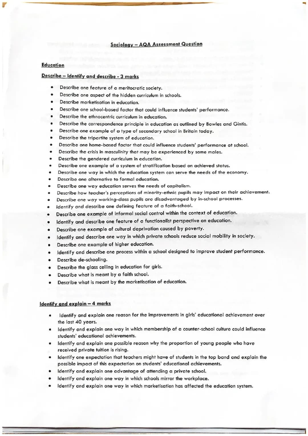 Families
Describe - 3 marks
●
●
●
.
●
●
●
●
●
●
●
●
●
●
●
·
●
●
●
·
.
Identify and explain - 4 marks
Identity and explain one factor that ma