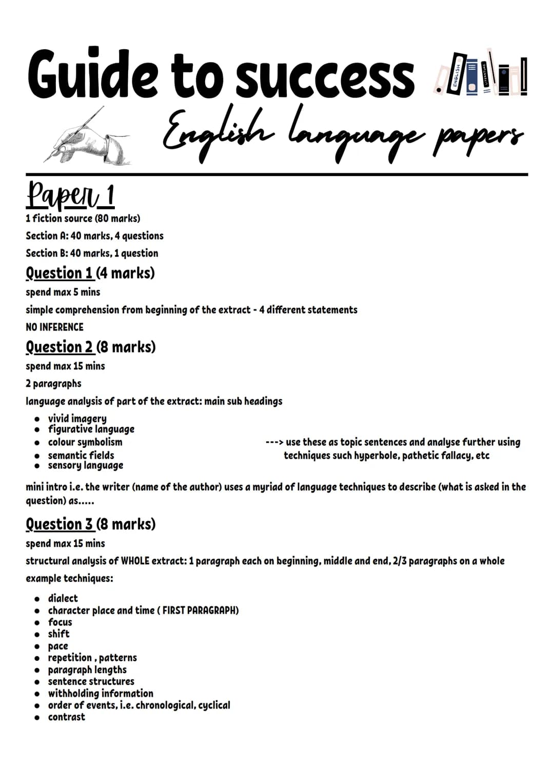 Guide to success.
English language papers
Paper 1
1 fiction source (80 marks)
Section A: 40 marks, 4 questions
Section B: 40 marks, 1 questi