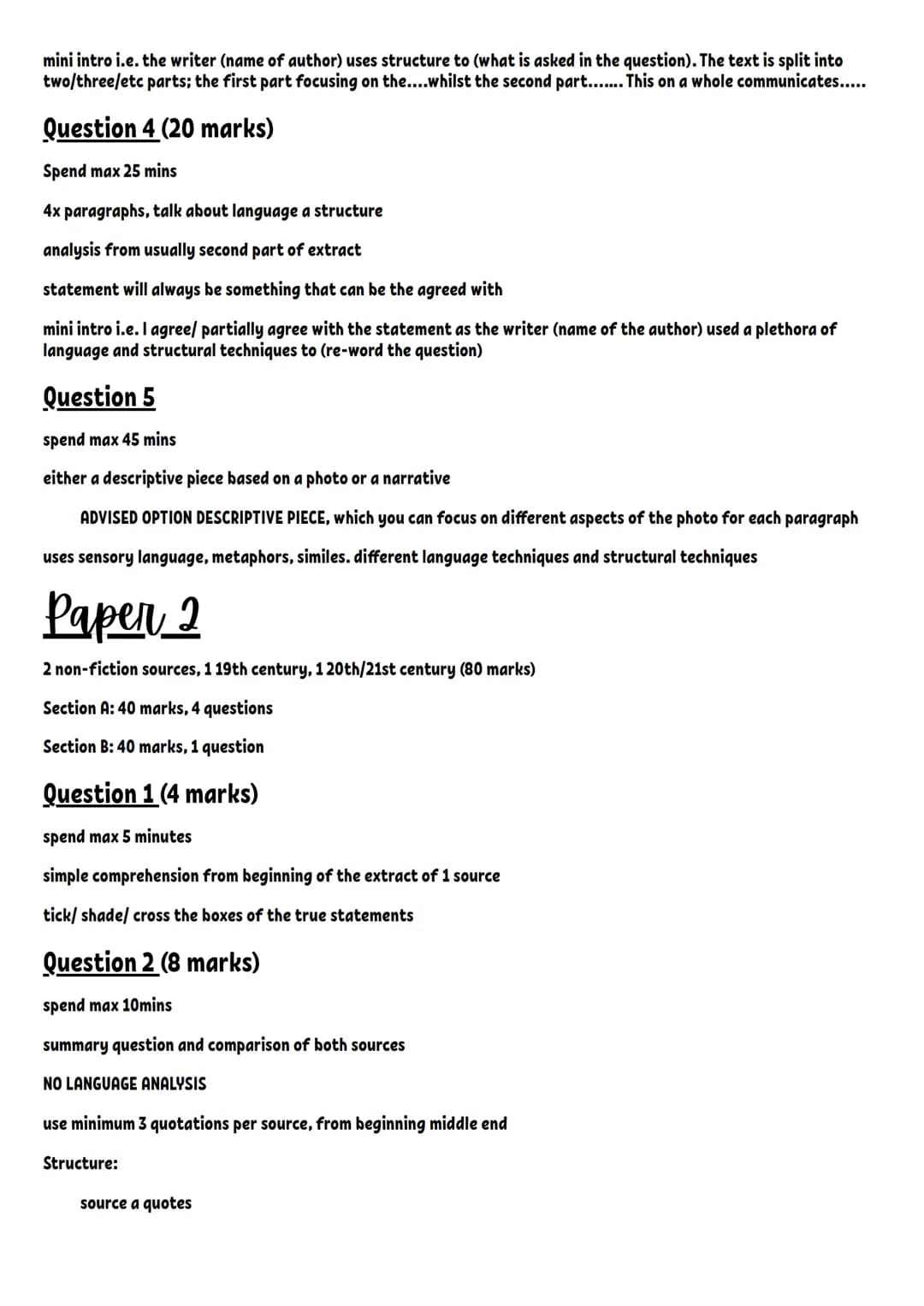 Guide to success.
English language papers
Paper 1
1 fiction source (80 marks)
Section A: 40 marks, 4 questions
Section B: 40 marks, 1 questi