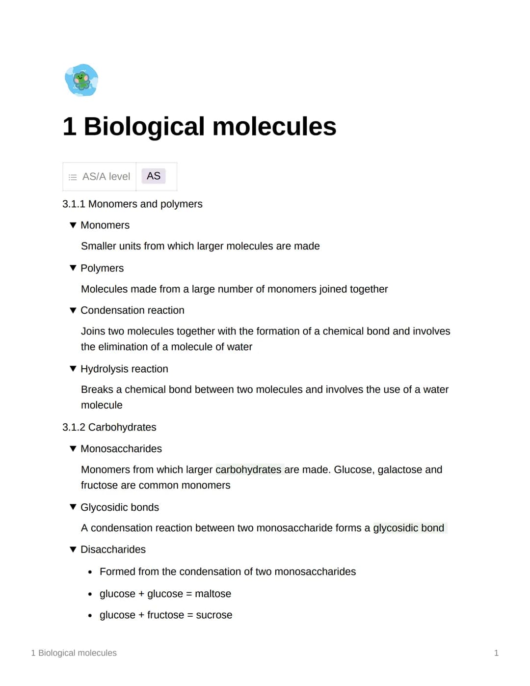 
<h2 id="monomersandpolymers">Monomers and Polymers</h2>
<p>In biological molecules, monomers are smaller units from which larger molecules 
