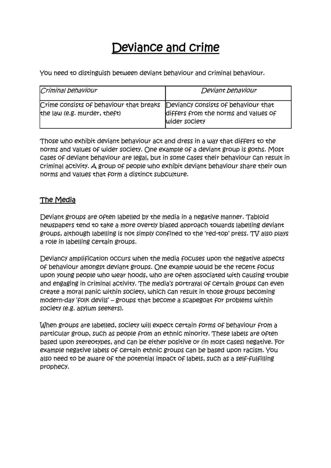 Deviance and crime
You need to distinguish between deviant behaviour and criminal behaviour.
Criminal behaviour
Deviant behaviour
Crime cons
