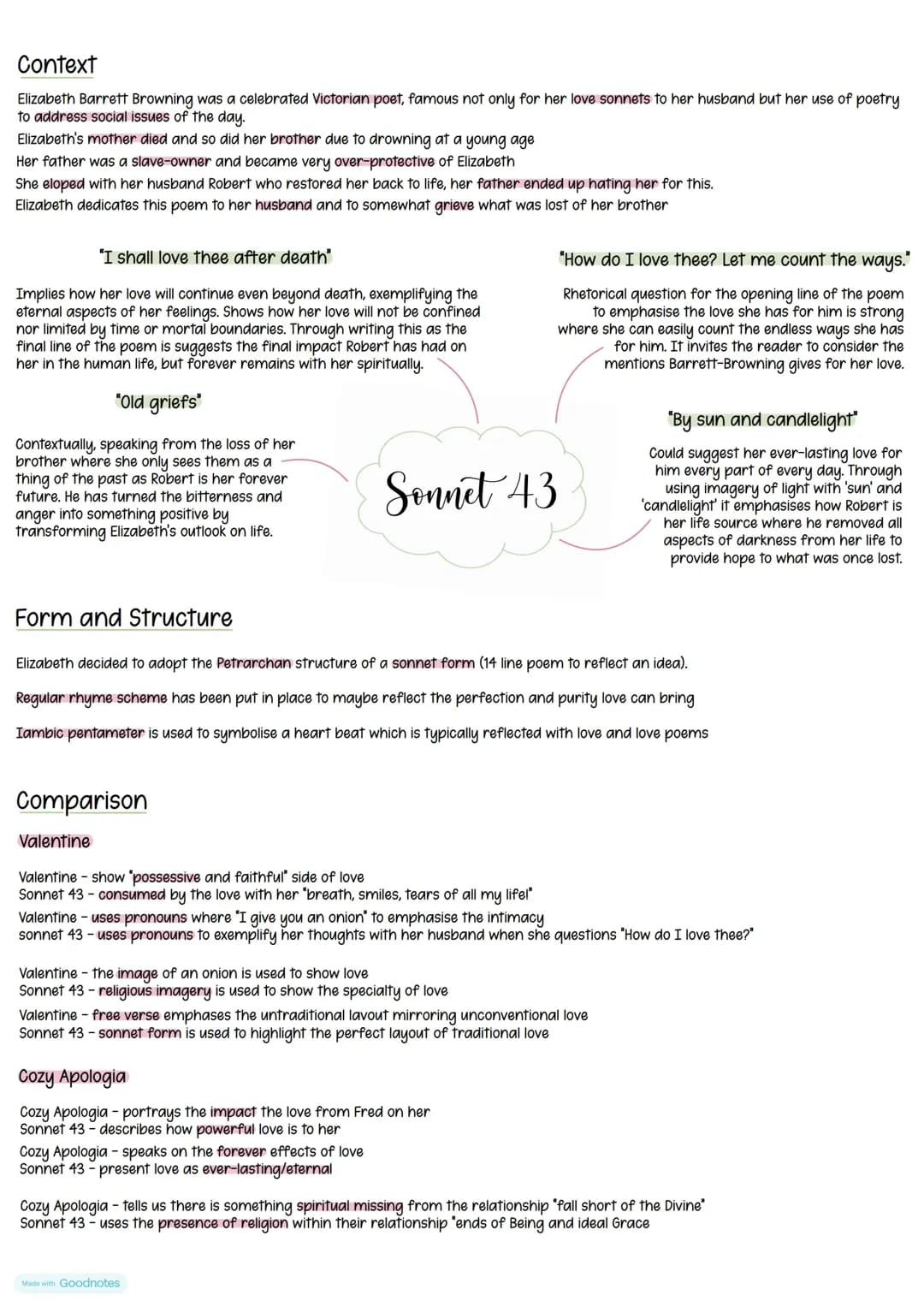English: Sonnet 43 Key Quotes, Form and Structure 