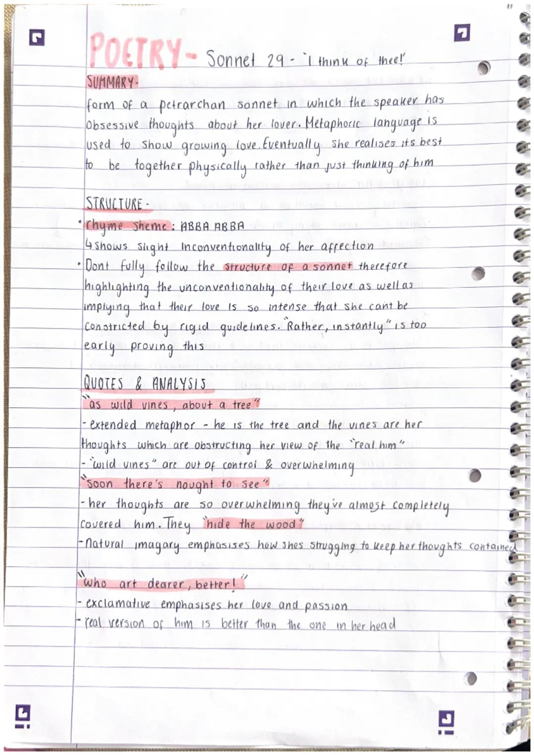 ☑
"
POETRY - Sonnet 29 - I think of theer
SUMMARY
15
form of a petrarchan sonnet in which the speaker has
Obsessive thoughts about her lover