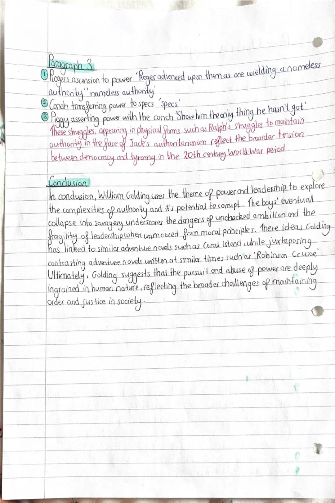 Power & Leadership Essay Plan
Thesis
In Lord of the Flies, William Golding examines the theme of power and leadership to explore the dynamic
