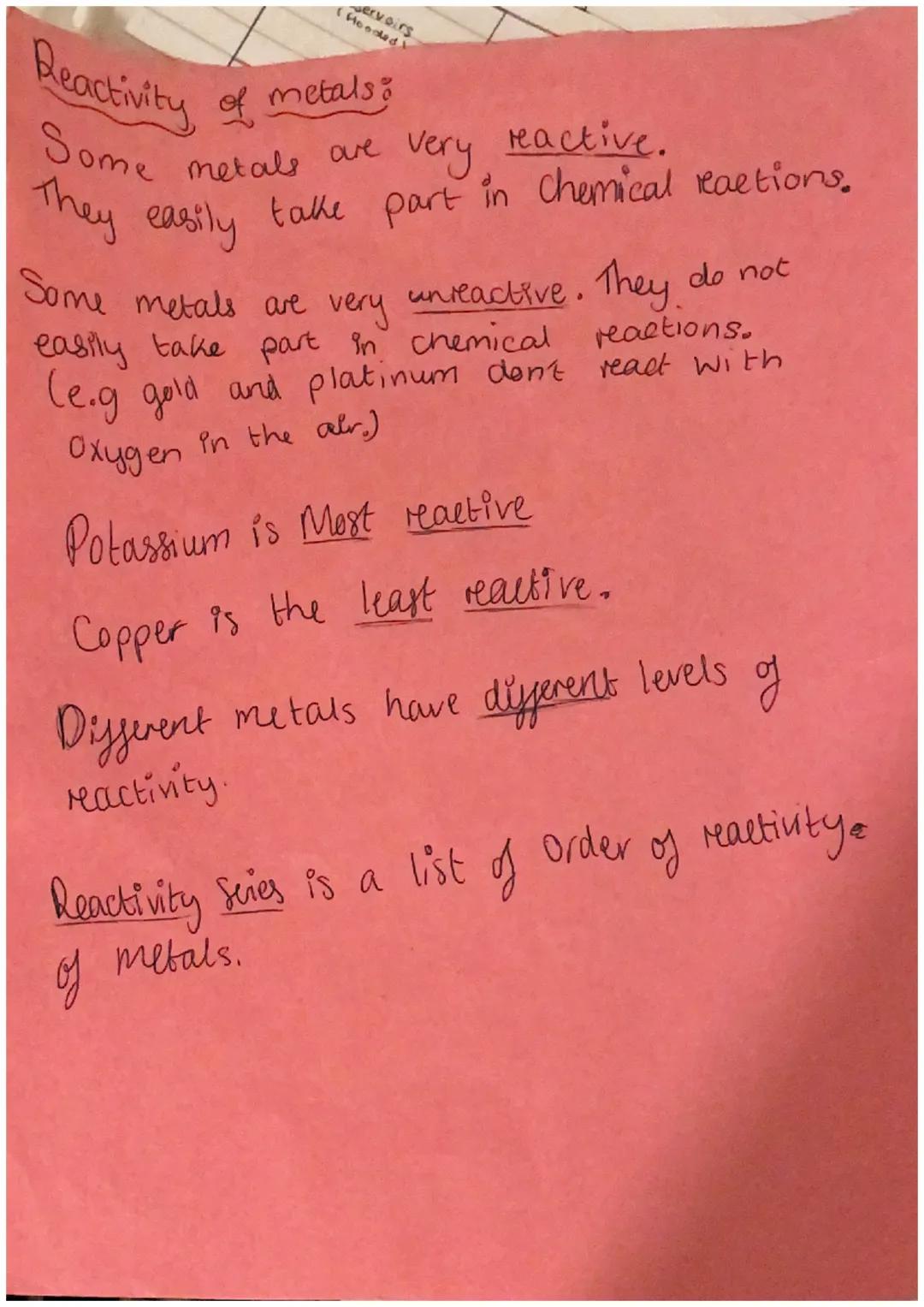 Reactivity of metals:
Some metals are very reactive.
They easily take part in Chemical reactions.
Some metals are very unreactive. They do n