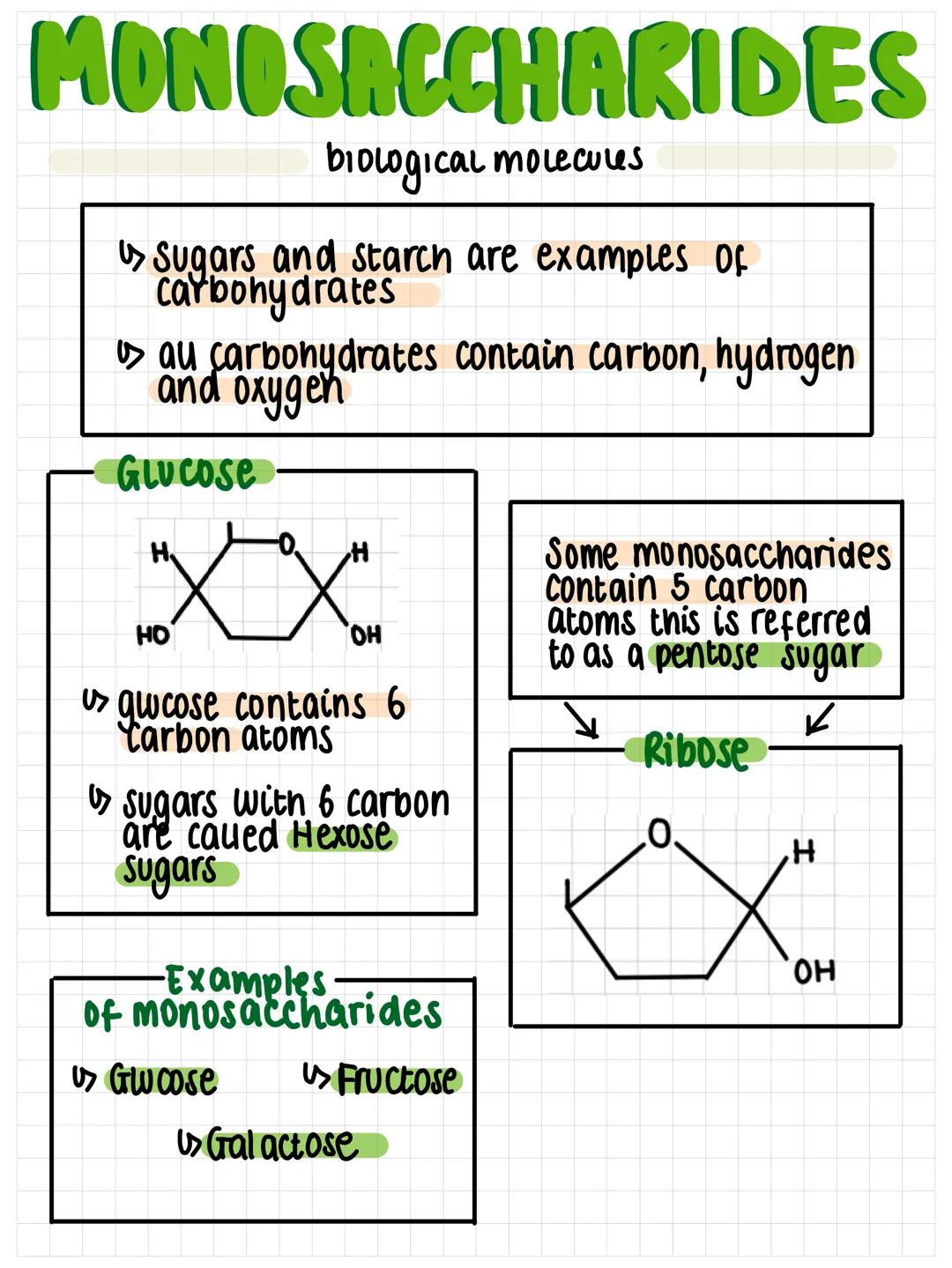 MONOSACCHARIDES
biological molecules
Sugars and starch are examples of
carbohydrates
au carbohydrates contain carbon, hydrogen
and oxygen
GL