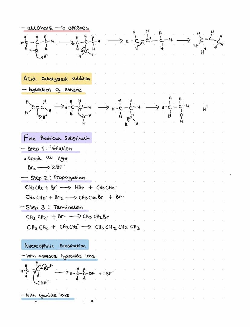 Electrophilic Addition
- with Bromine
- Sulfuric acid
H
H
Ege
CHOSOZOH
Hydrogen bromide
H
ruce
Gond
For
C₂OH
U
Elimination
-Ethanolic hydrox