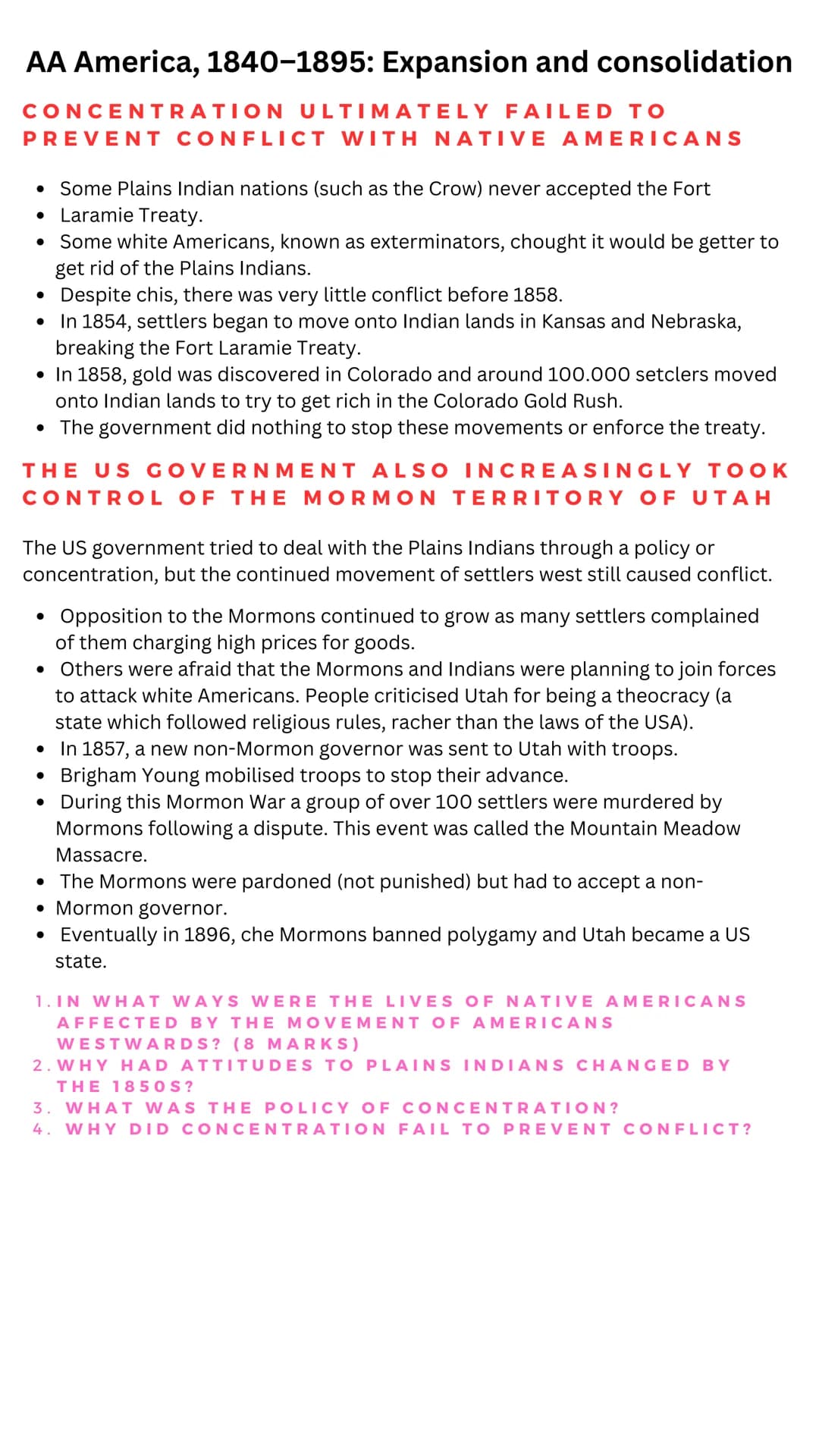 GCSE HISTORY
AQA UNDERSTANDING THE MODERN WORLD
with
SECTION A- AA AMERICA 1840-1895:
expansion and consolidation TABLE OF CONTENTS
UNDERSTA