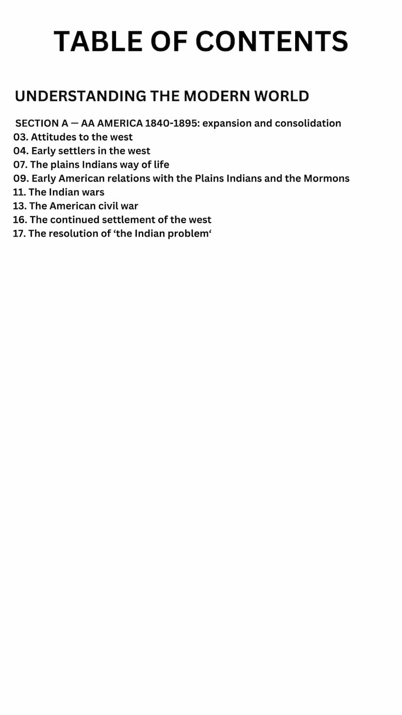 GCSE HISTORY
AQA UNDERSTANDING THE MODERN WORLD
with
SECTION A- AA AMERICA 1840-1895:
expansion and consolidation TABLE OF CONTENTS
UNDERSTA