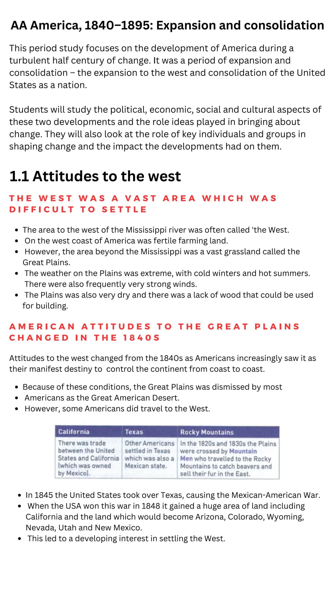 GCSE HISTORY
AQA UNDERSTANDING THE MODERN WORLD
with
SECTION A- AA AMERICA 1840-1895:
expansion and consolidation TABLE OF CONTENTS
UNDERSTA