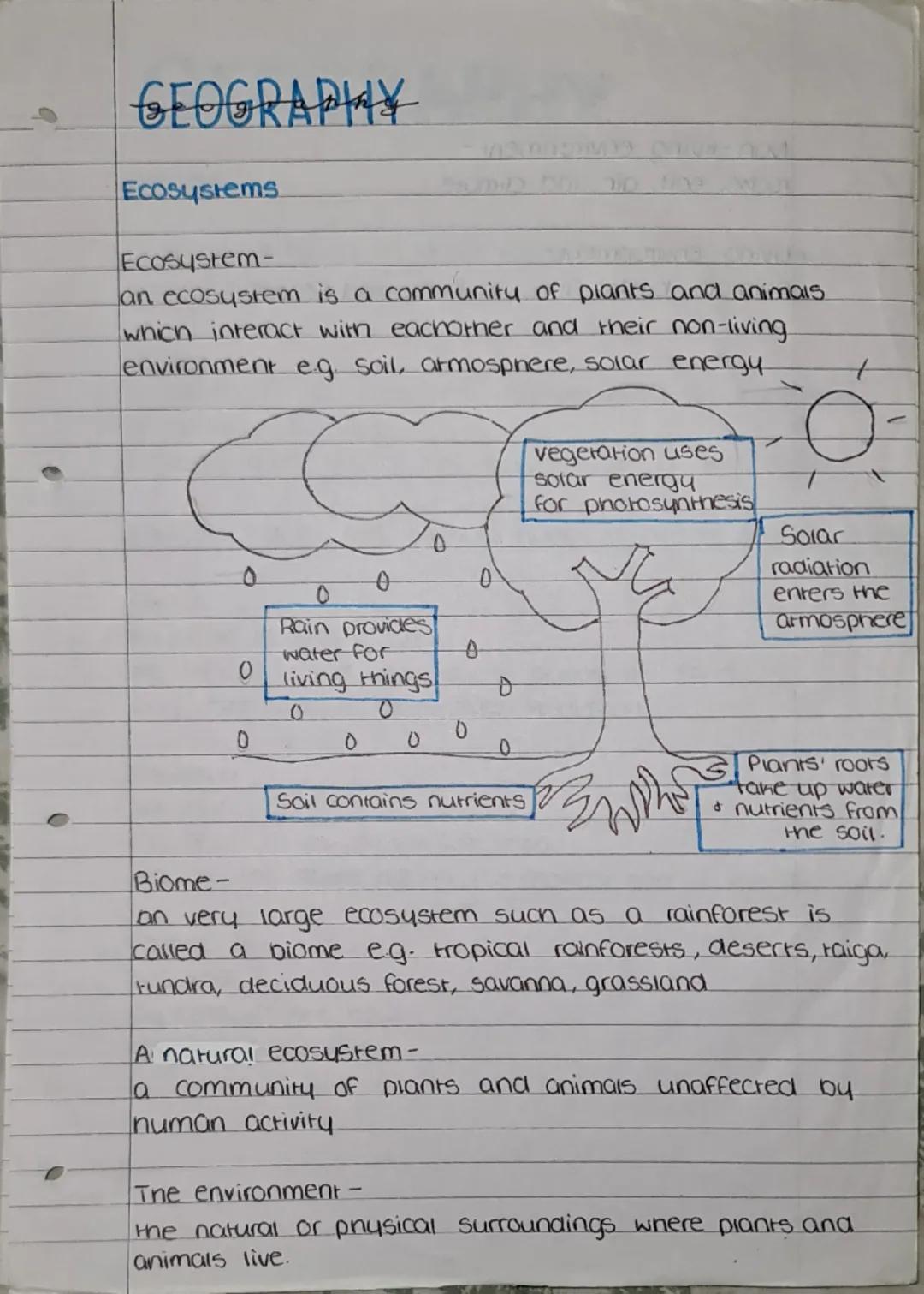 GEOGRAPHY
Ecosystems
Ecosystem-
an ecosystem is a community of plants and animais
which interact with eachother and their non-living
environ