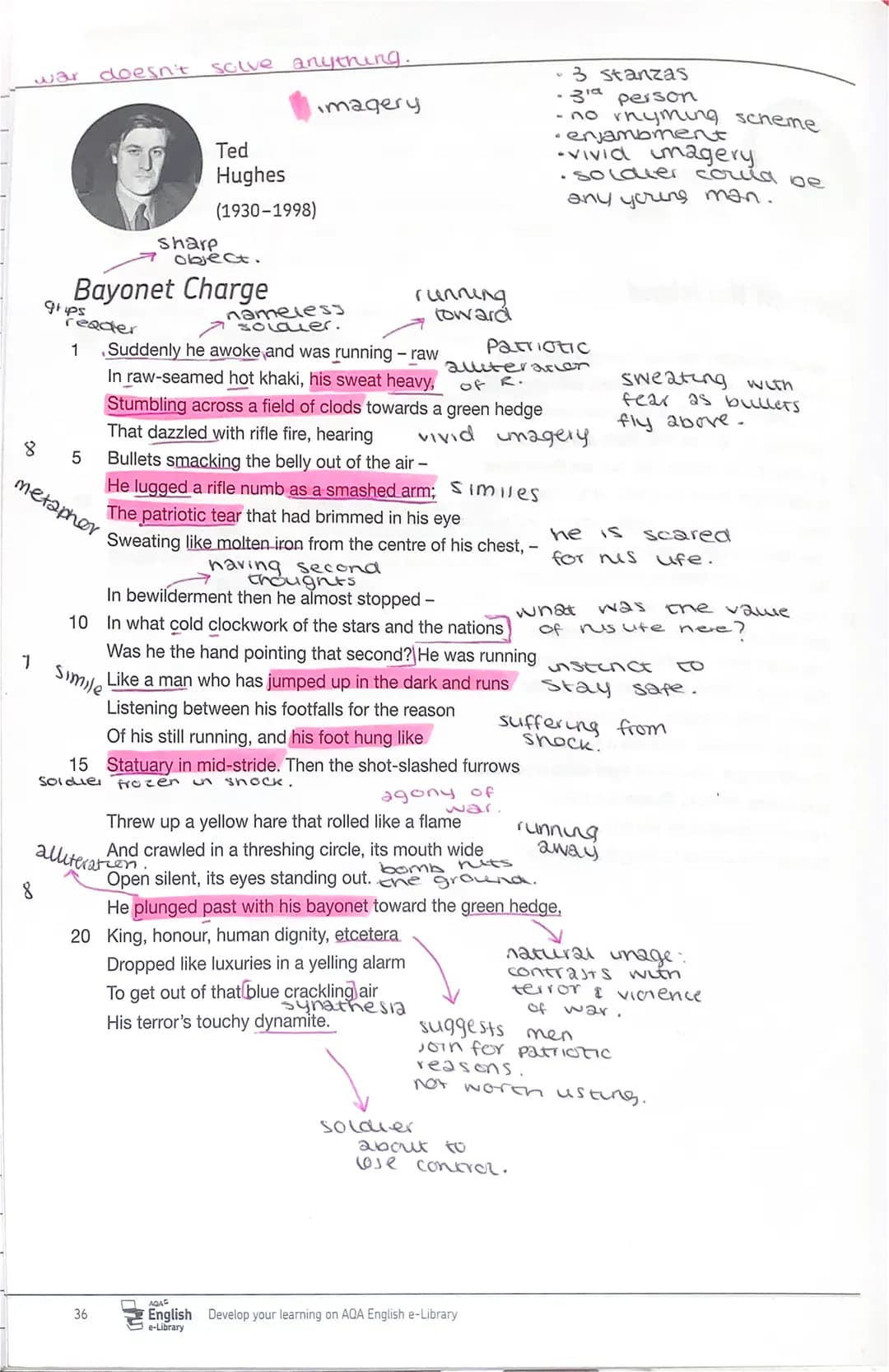 <h2 id="introduction">Introduction</h2>
<p>This analysis focuses on the famous poem "Bayonet Charge" by Ted Hughes, a renowned poet known fo
