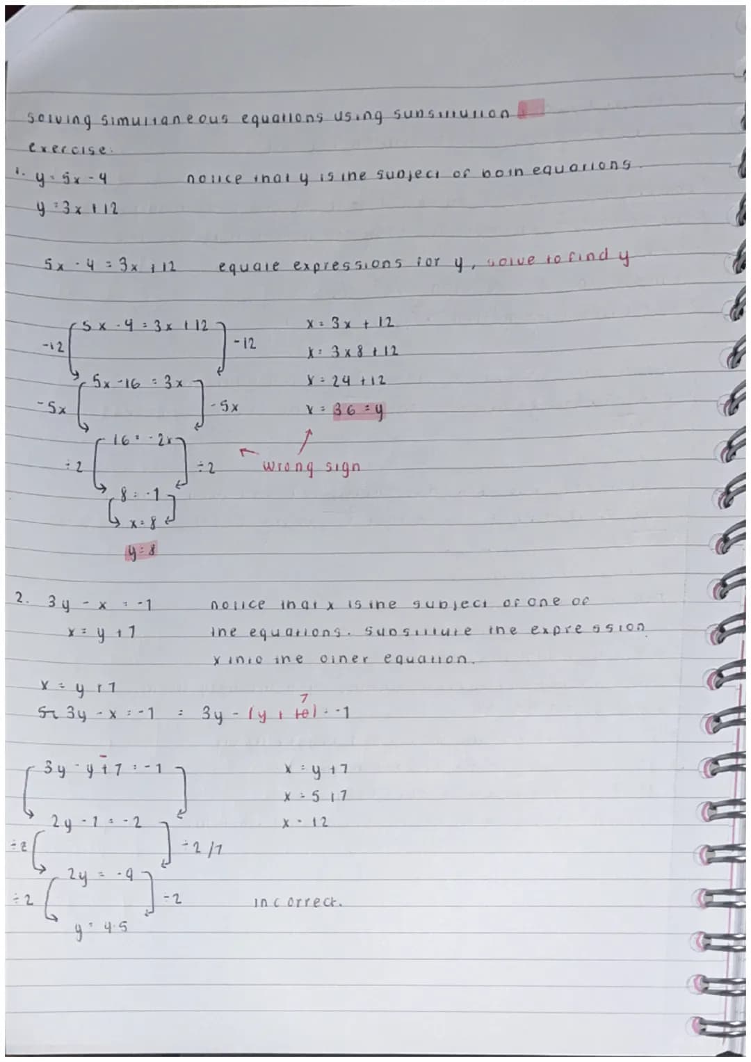 solving simultaneous equallons using sunsillusion
exercise:
³. y. 5x -4
y 3x + 12
5x4 = 3x + 12
-12
-5x
:2
+26
- 4 = 3x 112
5x-16 = 3x
2. 3y