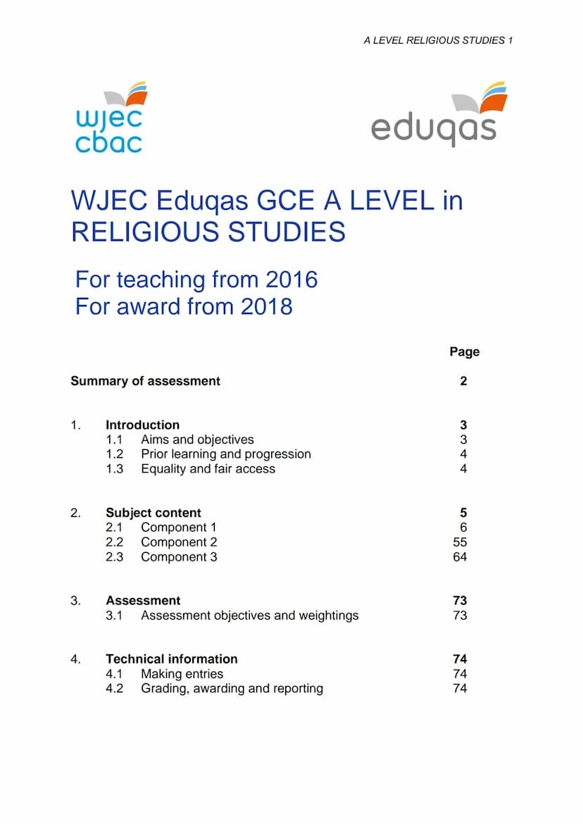 GCE A LEVEL
SPECIFICATION
WJEC Eduqas GCE A LEVEL in
RELIGIOUS STUDIES
ACCREDITED BY OFQUAL
Teaching from 2016 For
award from 2018
Version 5