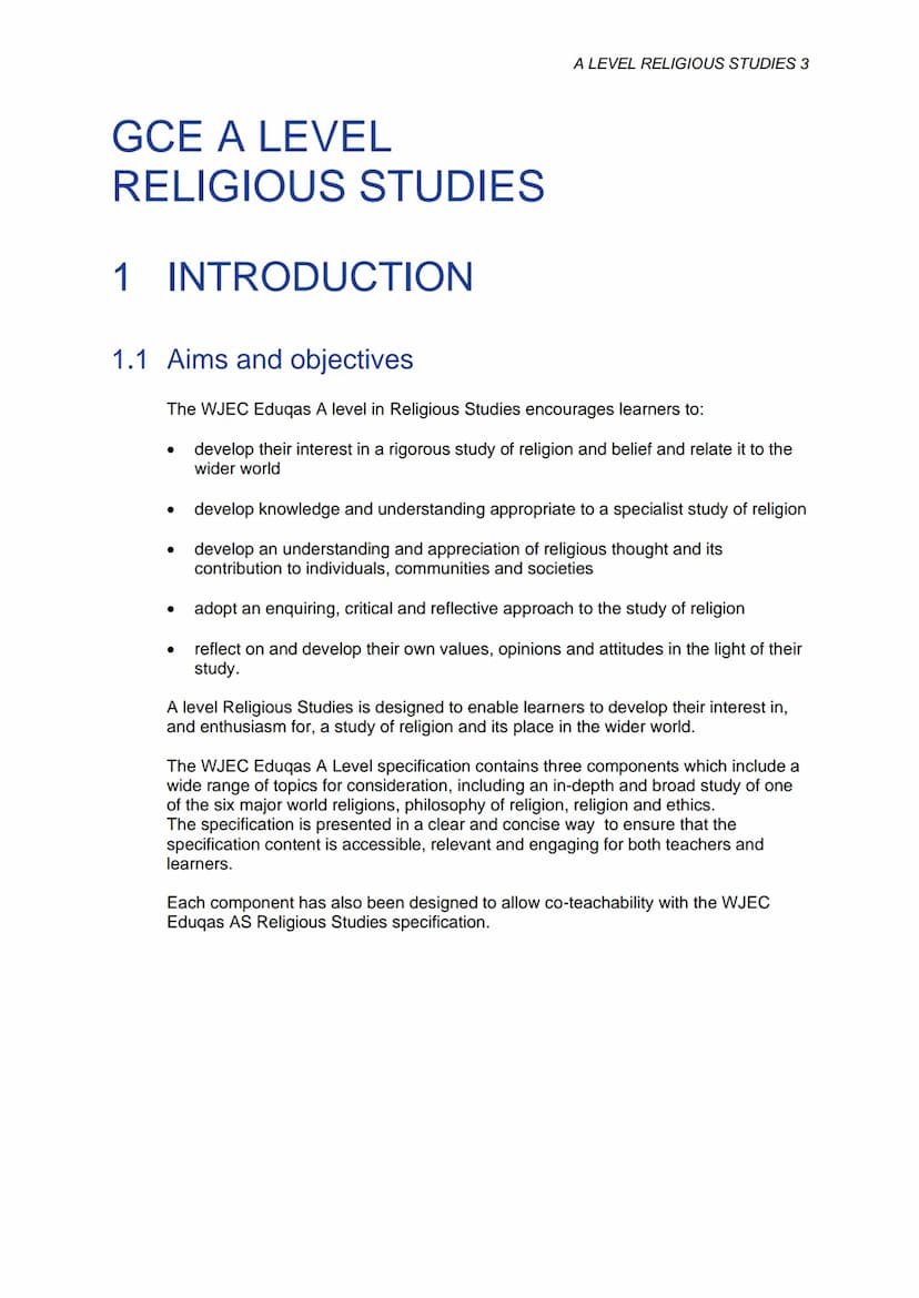 GCE A LEVEL
SPECIFICATION
WJEC Eduqas GCE A LEVEL in
RELIGIOUS STUDIES
ACCREDITED BY OFQUAL
Teaching from 2016 For
award from 2018
Version 5