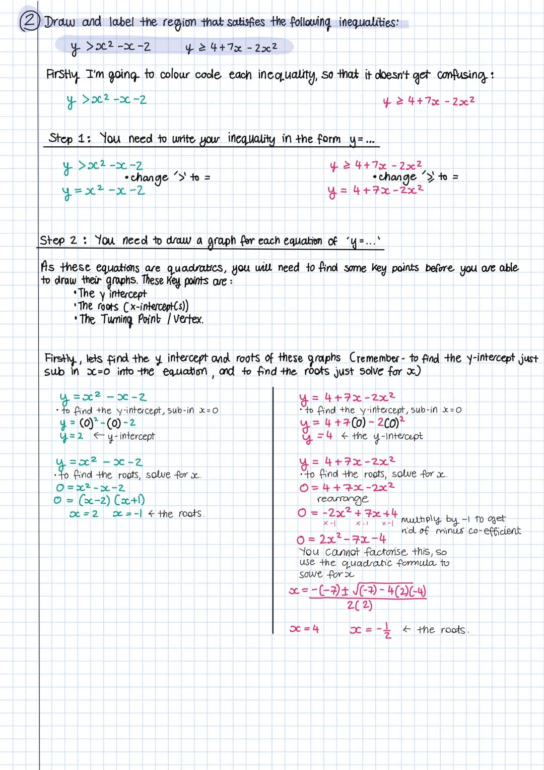 graphing inequalities
We have already used graphs to solve quadratic inequalities like this:
Solve -x²+2x+3 ≥0
x-1 X-1
x²-2x-3=0
X-
multiply