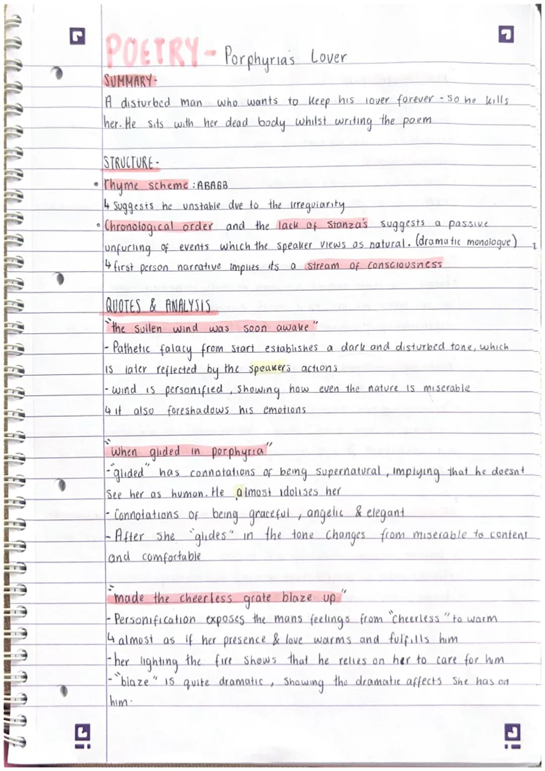 !G
POETRY - Porphyria's Lover
SUMMARY
who wants to keep his lover forever - so he kills
A disturbed man.
her. He sits with her dead body.
wh