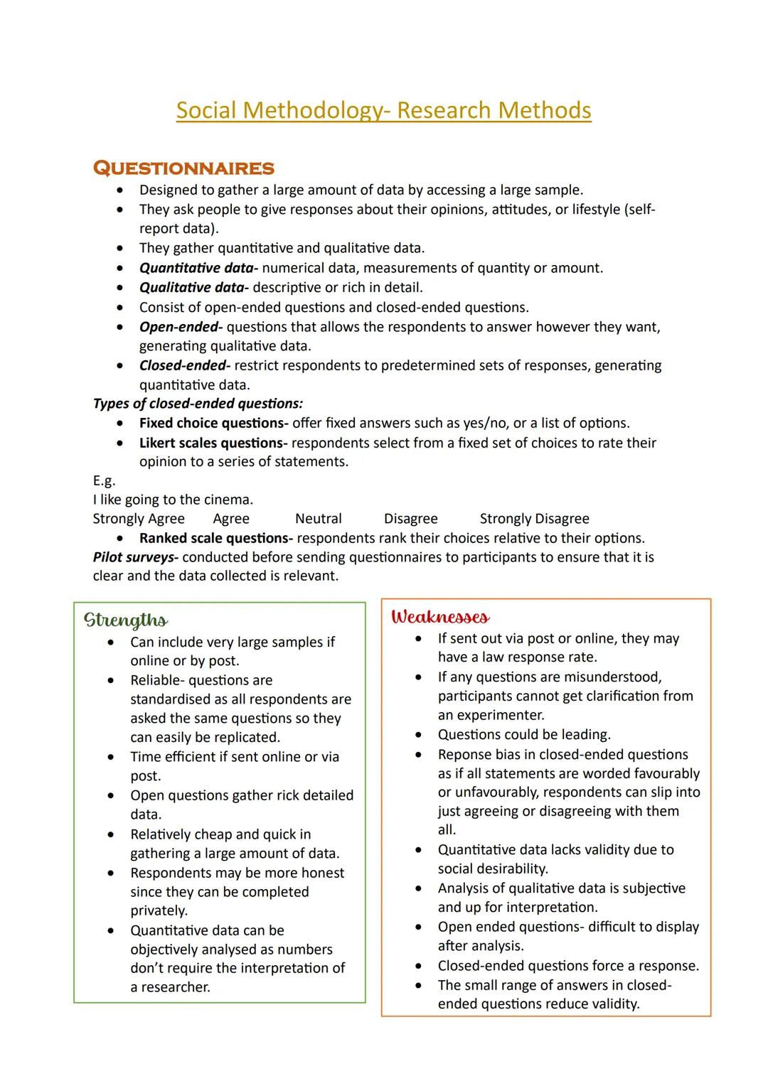 Social Methodology- Questionnaires and Interviews 