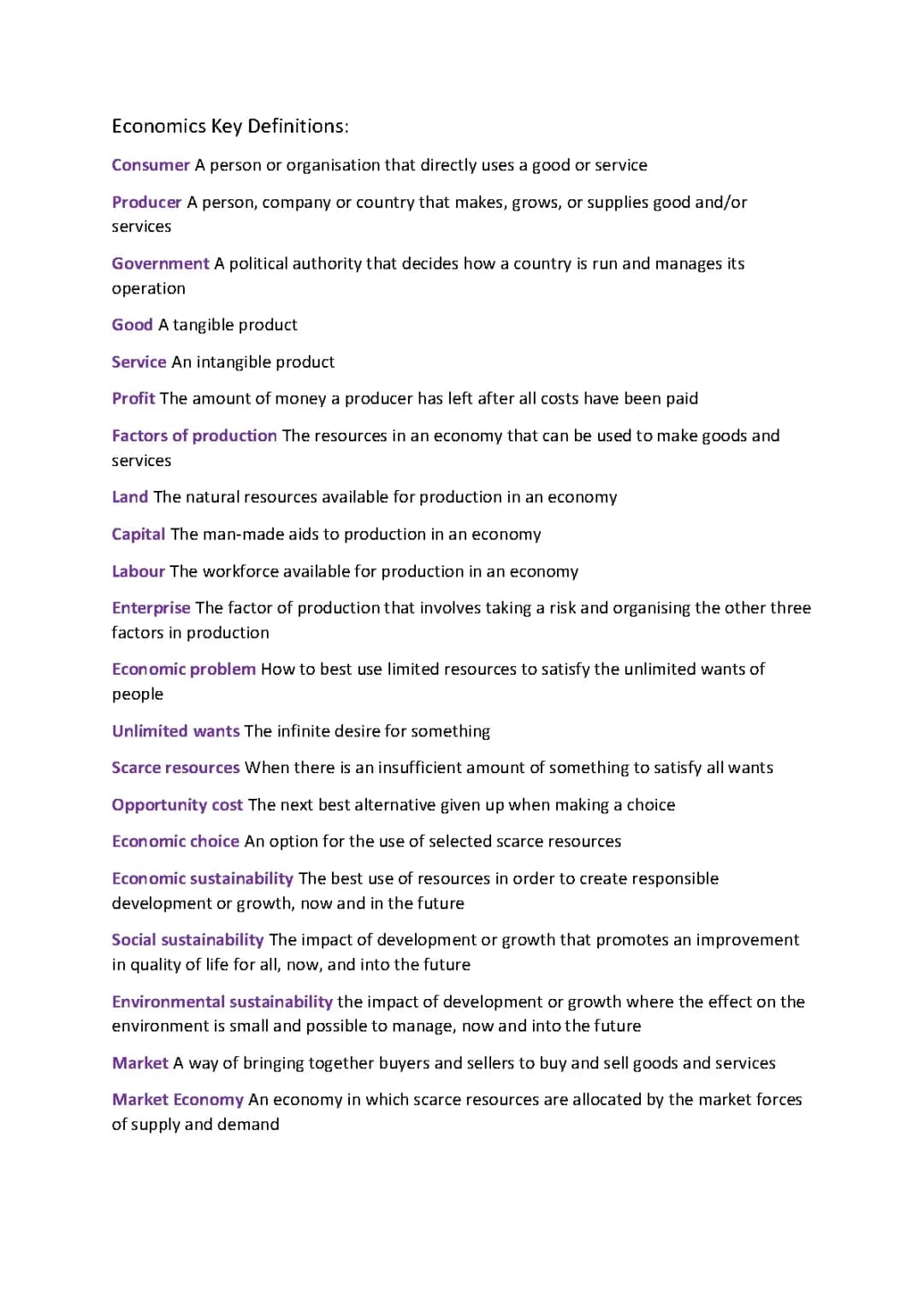 Key Economics Definitions for Students: AQA, GCSE, A Level - PDF Guide