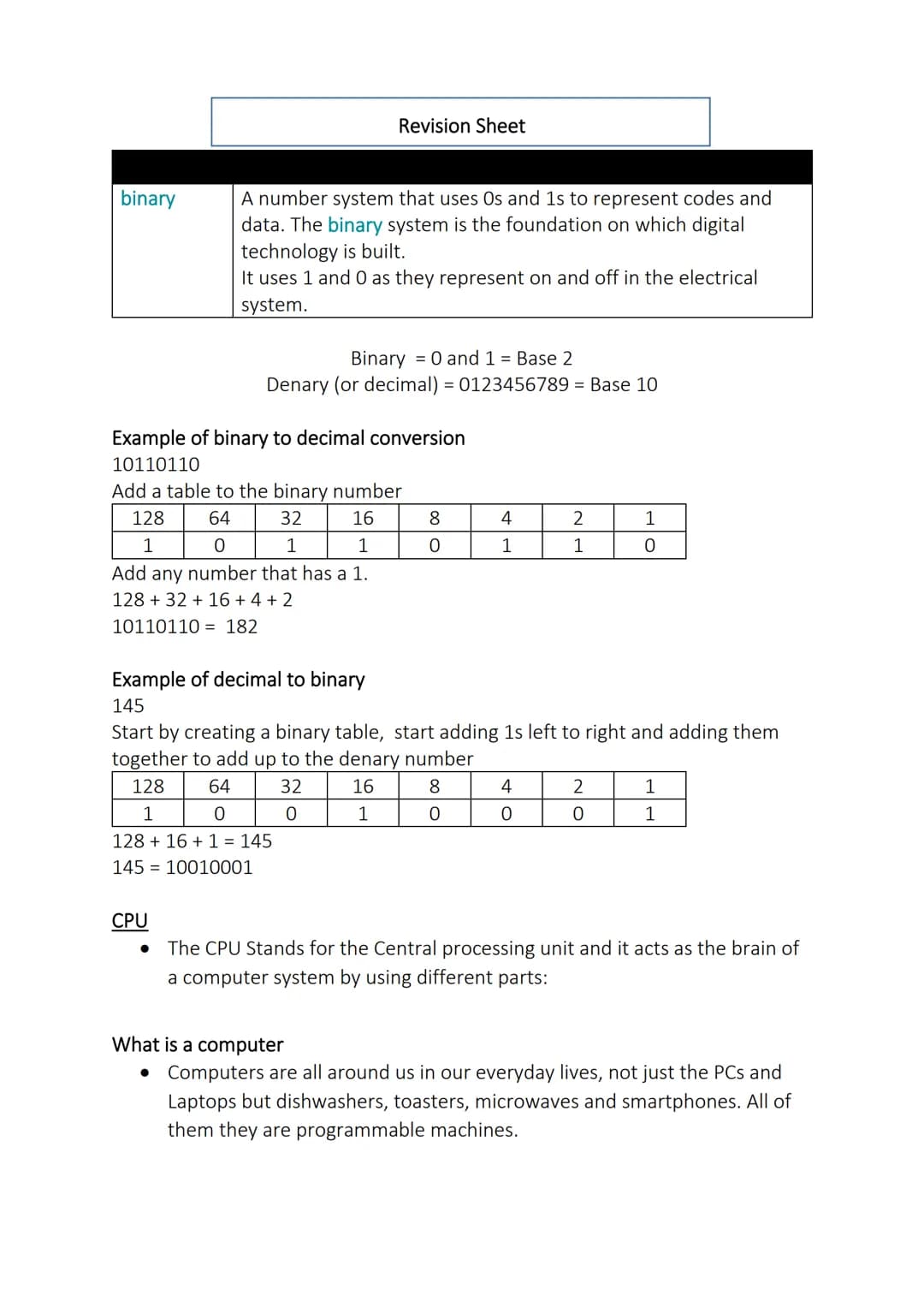 binary
Revision Sheet
A number system that uses Os and 1s to represent codes and
data. The binary system is the foundation on which digital
