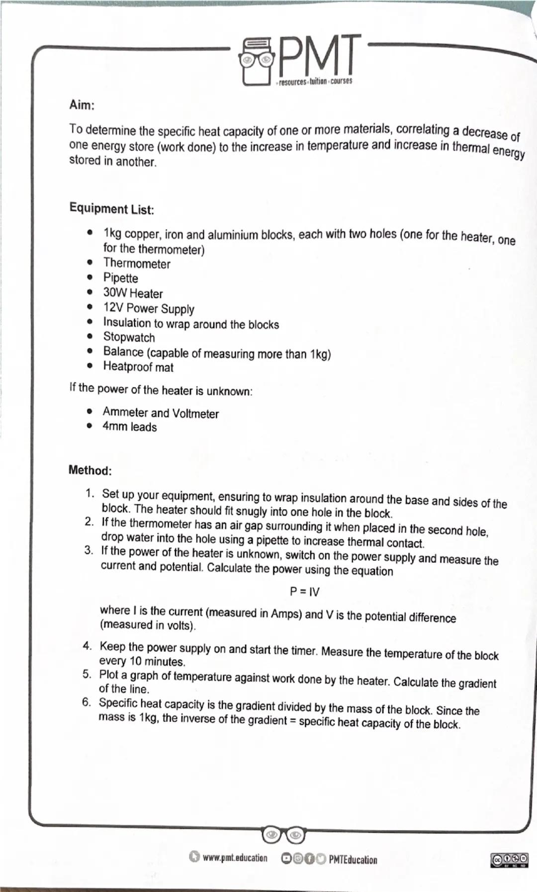 PMT
resources-tuition-courses
AQA Physics GCSE
Required Practical 1
Specific Heat Capacity
Method taken from AQA Required Practical Handbook