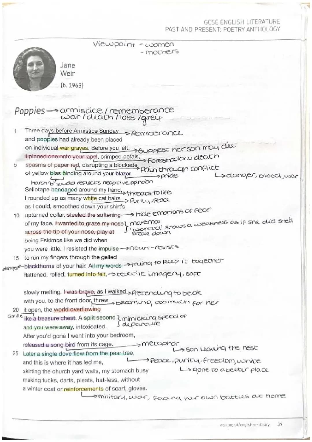 AQA Poetry Anthology Study Notes - Poppies Jane Weir Analysis PDF