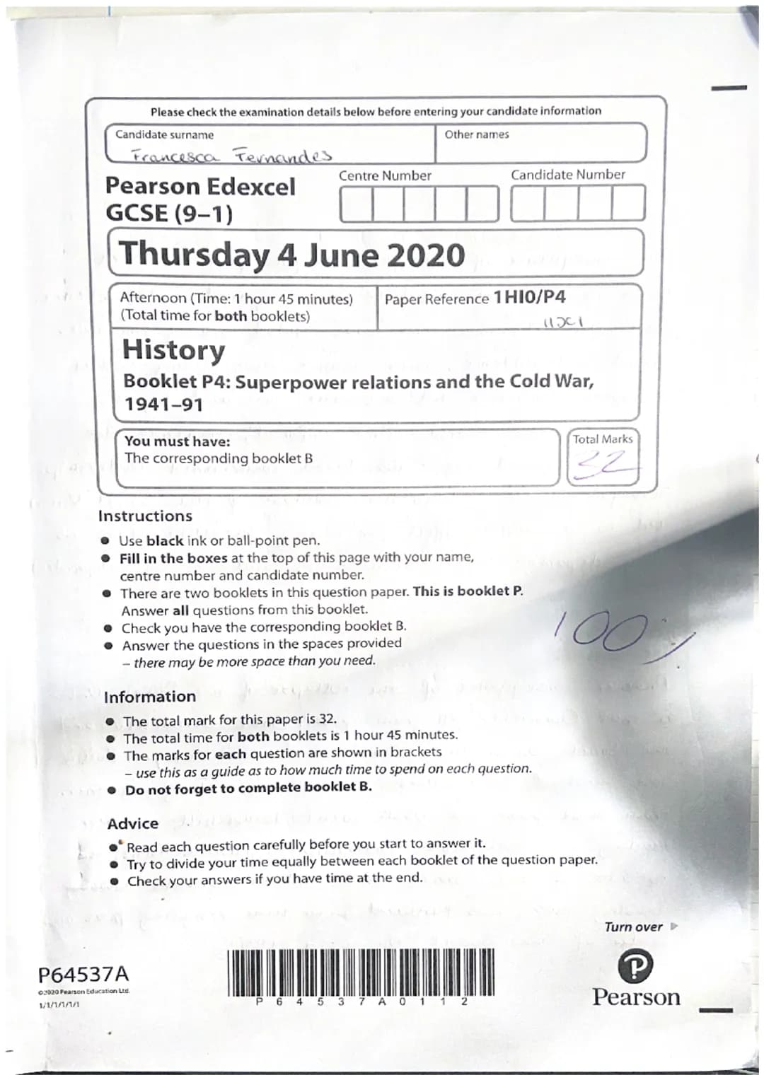 Please check the examination details below before entering your candidate information
Candidate surname
Other names
Francesca Fernandes.
Pea