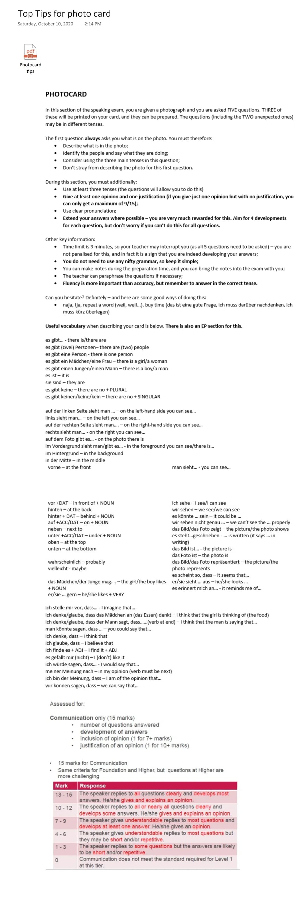 Top Tips for photo card
Saturday, October 10, 2020
2:14 PM
pdf
JOC
Photocard
tips
PHOTOCARD
In this section of the speaking exam, you are gi