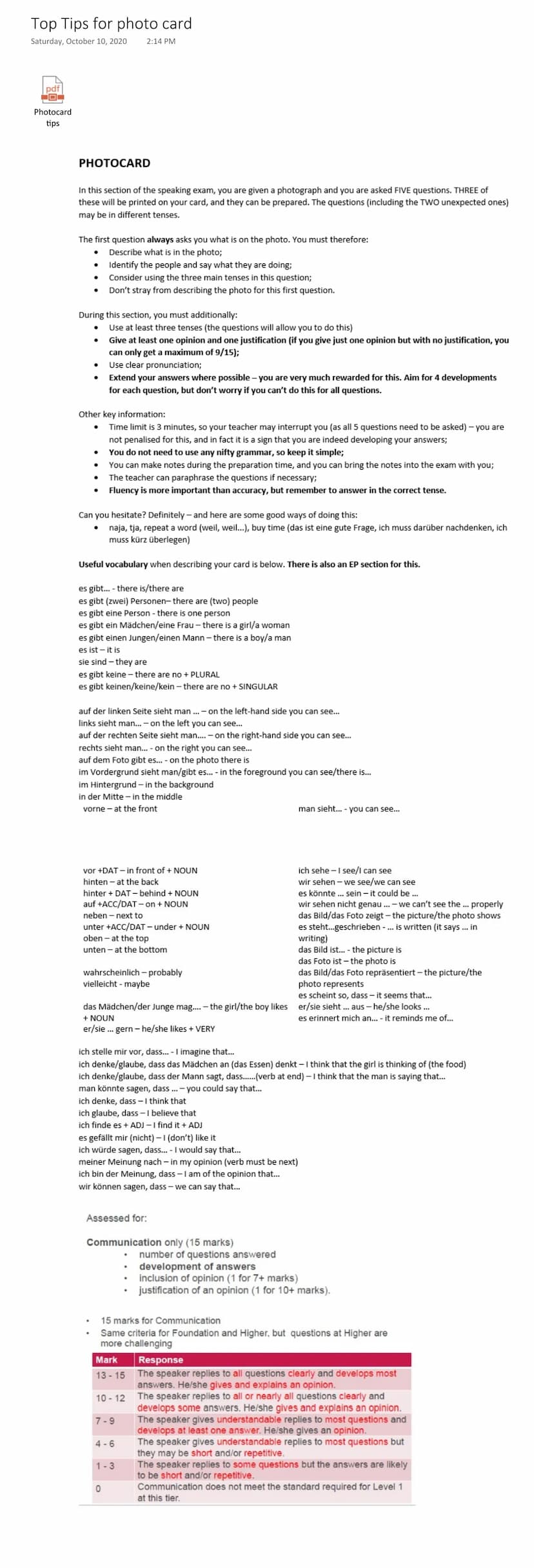 Top Tips for photo card
Saturday, October 10, 2020
2:14 PM
pdf
JOC
Photocard
tips
PHOTOCARD
In this section of the speaking exam, you are gi
