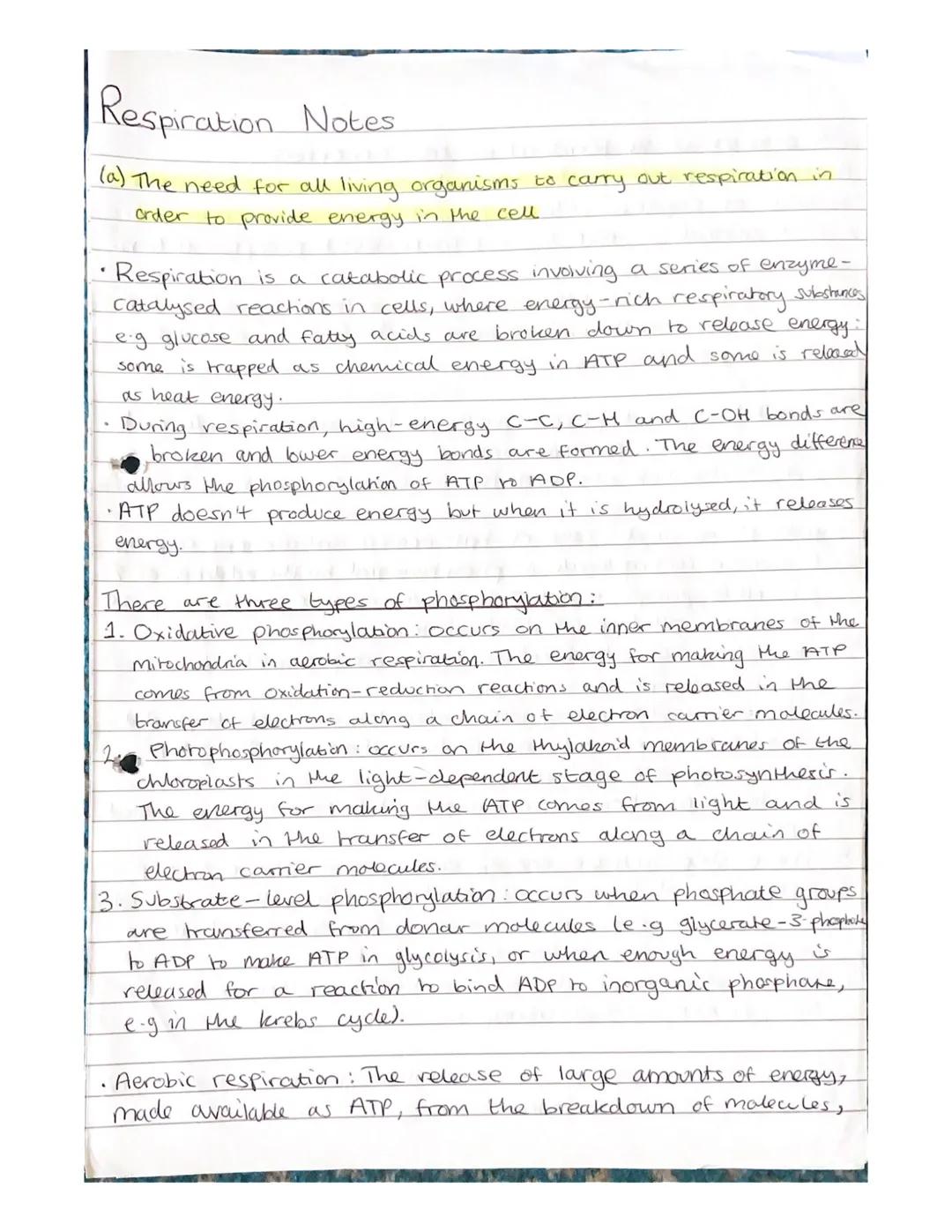 Respiration Notes

(a) The need for all living organisms to carry out respiration in
order to provide energy in the cell.

• Respiration is 